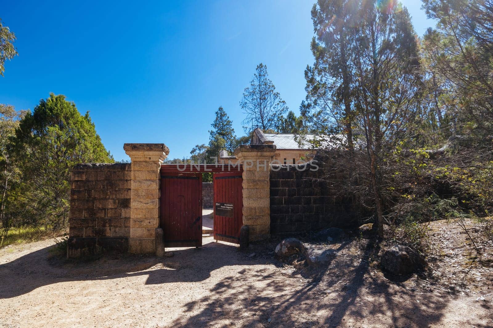 BEECHWORTH, AUSTRALIA - JANUARY 1 2025: Historic Beechworth Powder Magazine on a warm summer's day in Victoria, Australia on January 1st, 2025