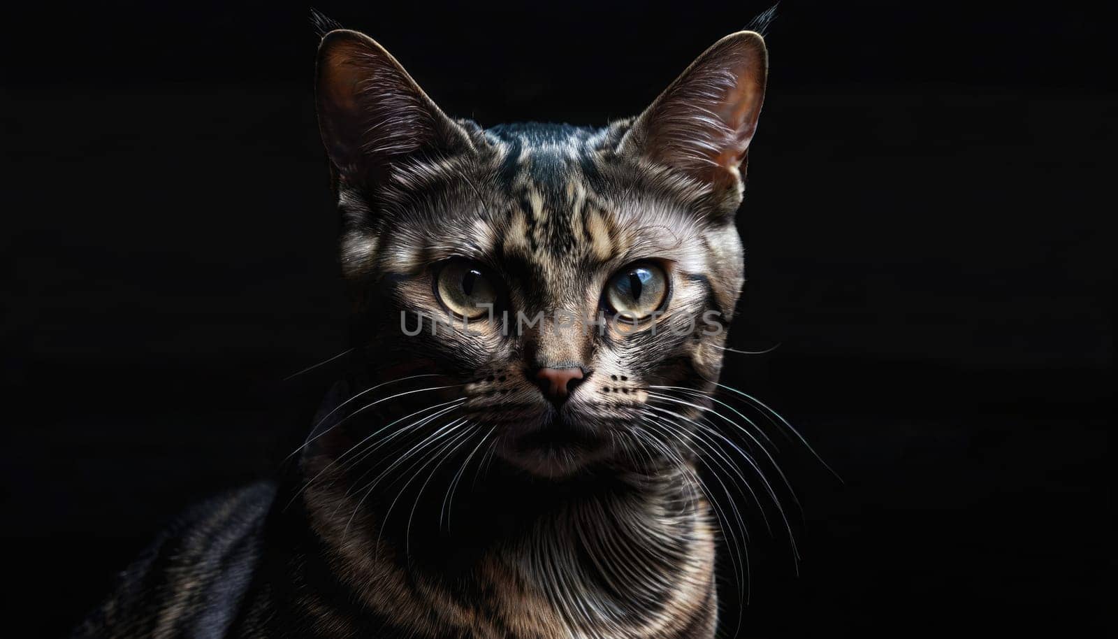 A tabby cat gazes intensely at the viewer with bright eyes, showcasing a mix of curiosity and mystique. The dark background highlights the feline's features and patterns.