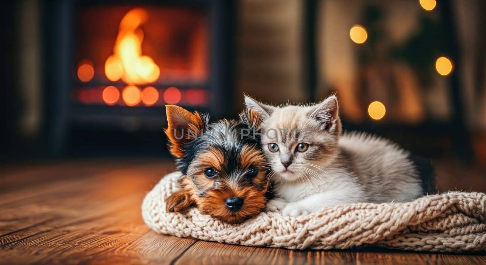 Pets lying together on knitted blanket.Comfortable and acclimatized house background out of focus. Different breeds living together in harmony. Warm and loving winter scene.Copy space