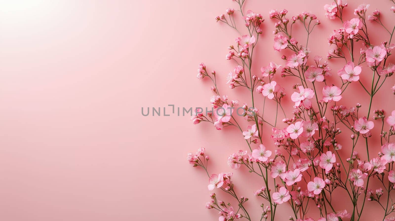 Beautiful pink flowers delicately arranged on a soft pink background, highlighting the essence of femininity and unity on International Women's Day