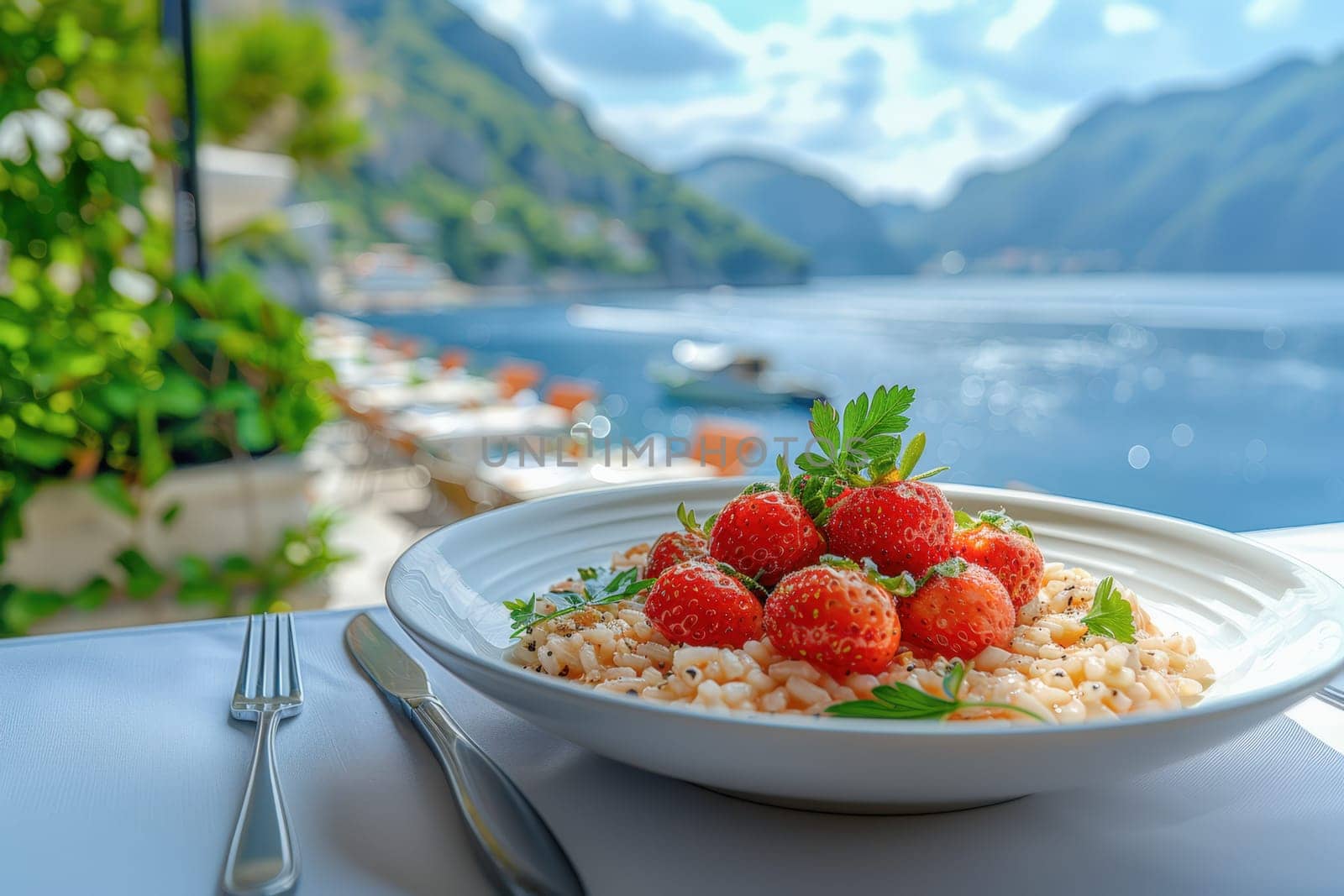A plate of creamy strawberry risotto garnished with fresh herbs, set against a coastal backdrop with blue waters and lush hills