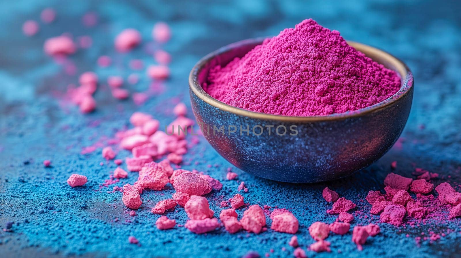 A close-up of pink Holi powder in a bowl, surrounded by splashes of blue and pink, symbolizing the essence of Holi celebrations