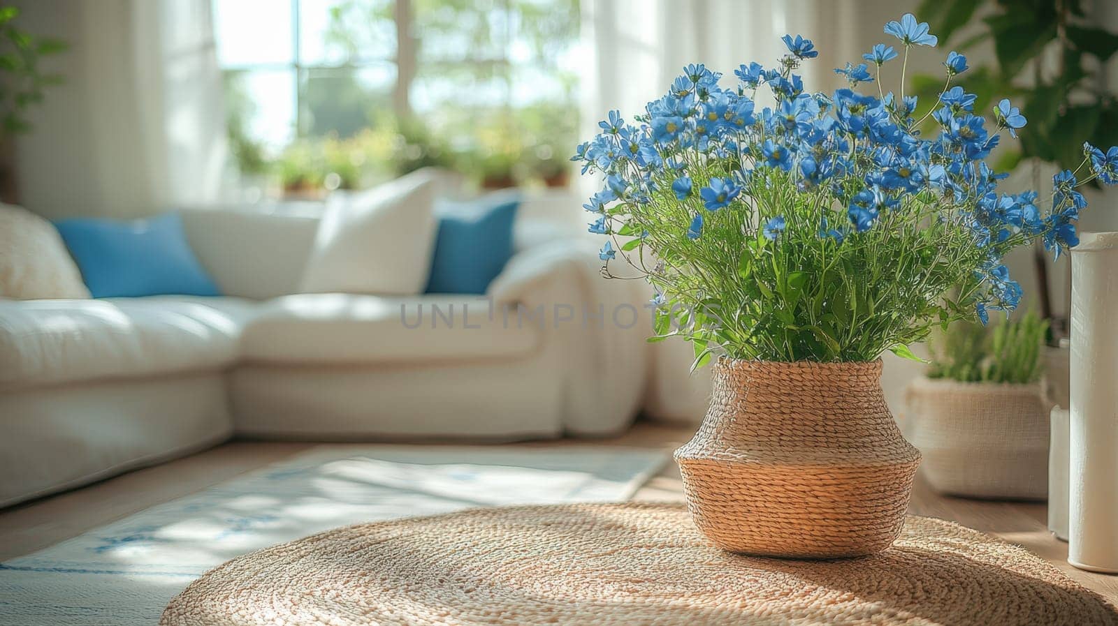 A close-up of a lush bouquet of bright blue flowers arranged in a woven basket, placed on a braided jute rug in a cozy living room with sunlight streaming through large windows. The soft natural tones and bright accents evoke feelings of tranquility and comfort