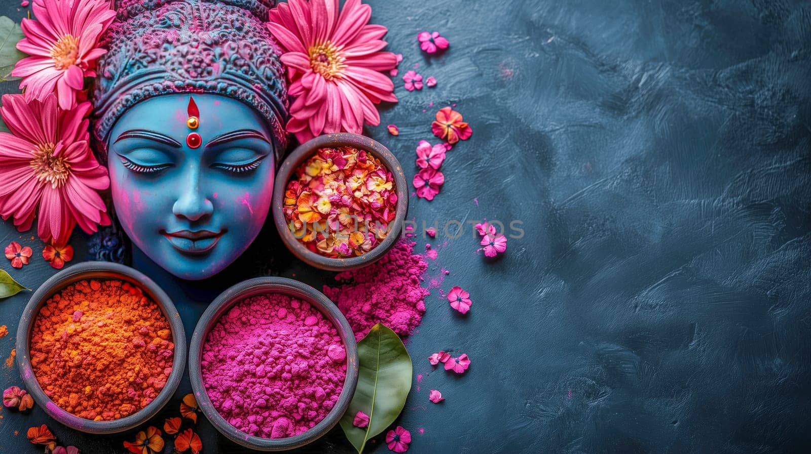 A close-up of colorful Holi powders in bowls surrounded by vibrant flowers and festive decor, symbolizing the celebration of colors