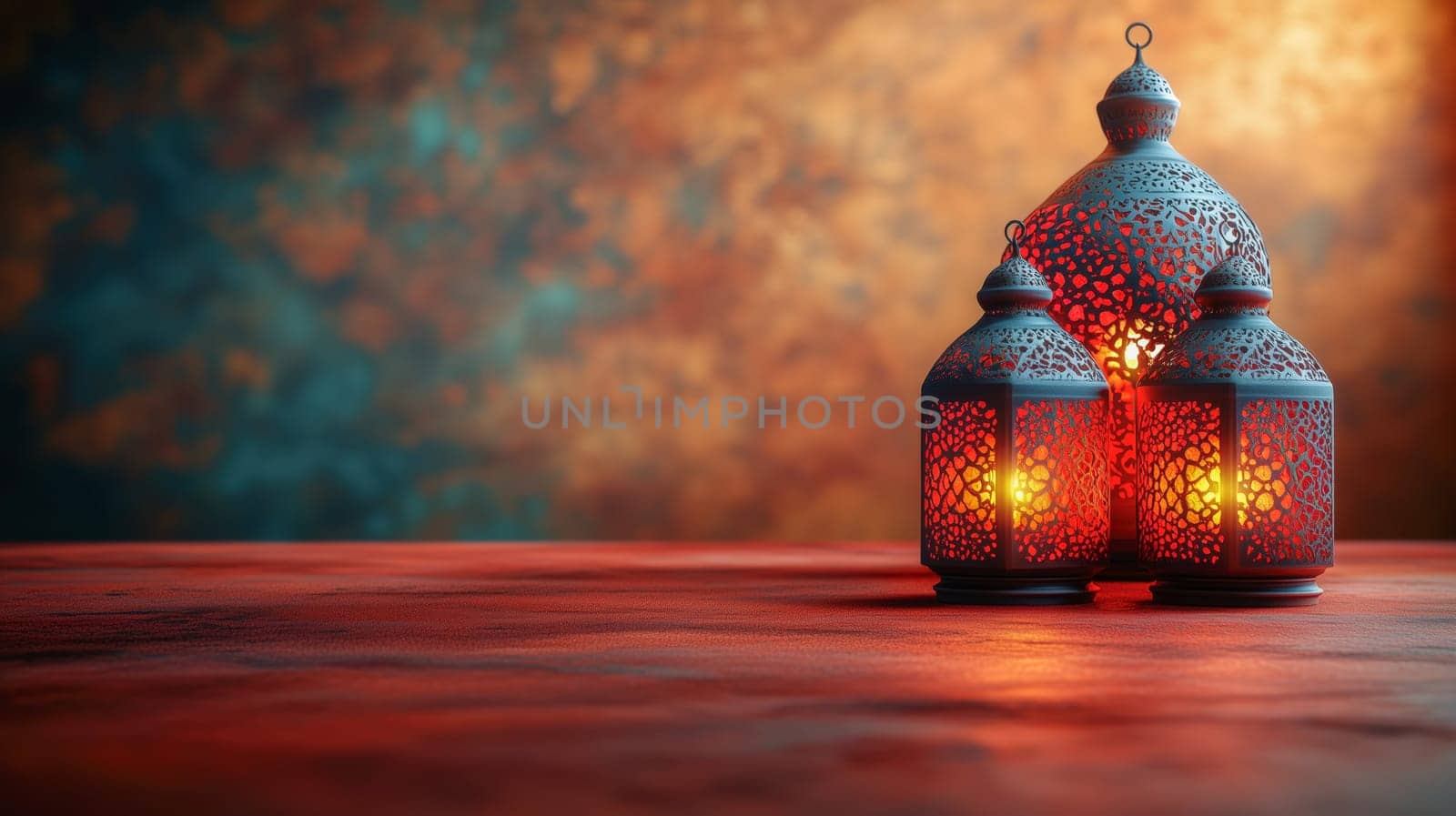 Three intricate Ramadan lanterns glowing with warm light, arranged against an artistic abstract background of rich warm tones, embodying the spiritual essence of Ramadan evenings