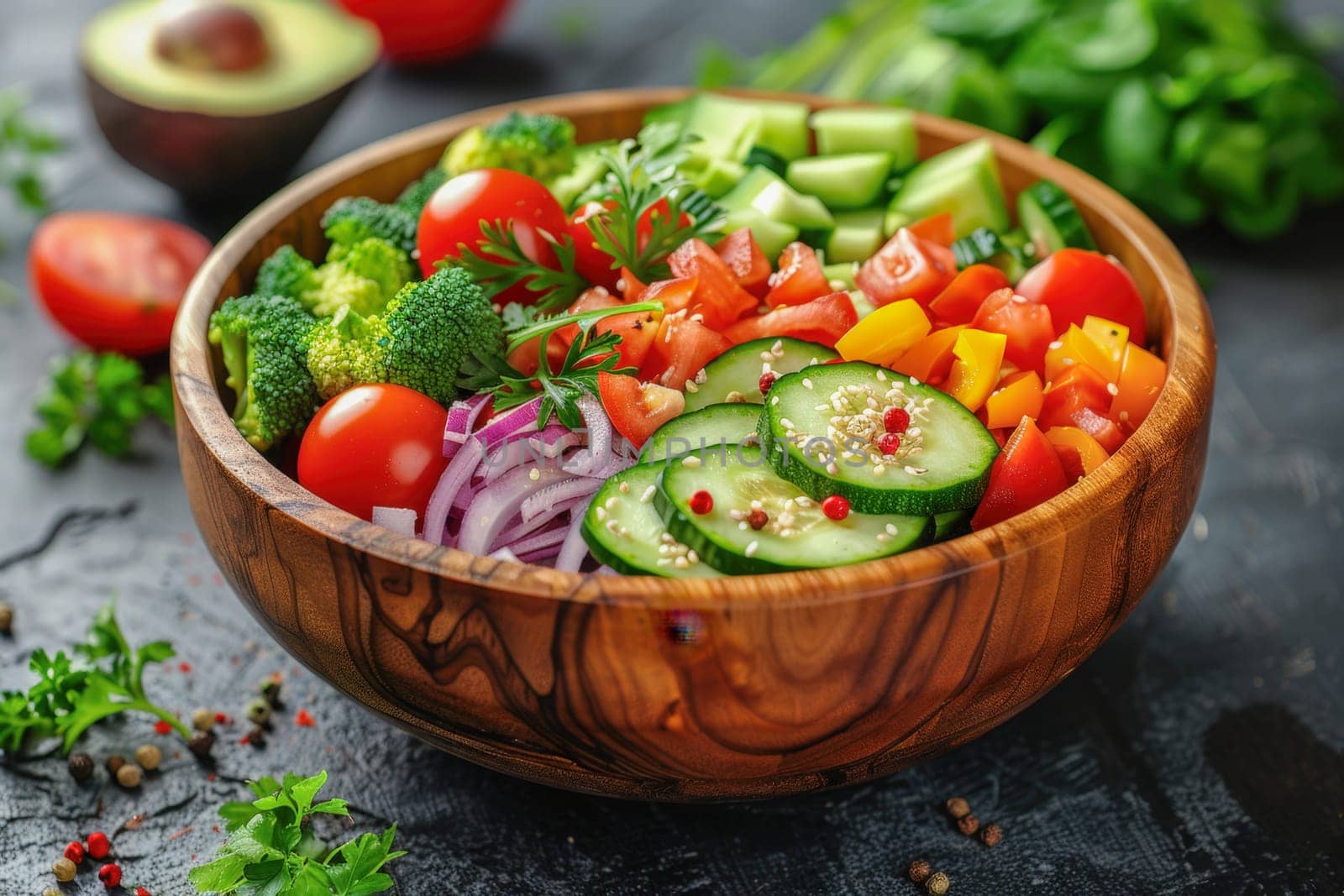 A colorful salad made with fresh vegetables including cucumbers, cherry tomatoes, red onions, broccoli, and bell peppers, served in a rustic wooden bowl and garnished with sesame seeds and herbs