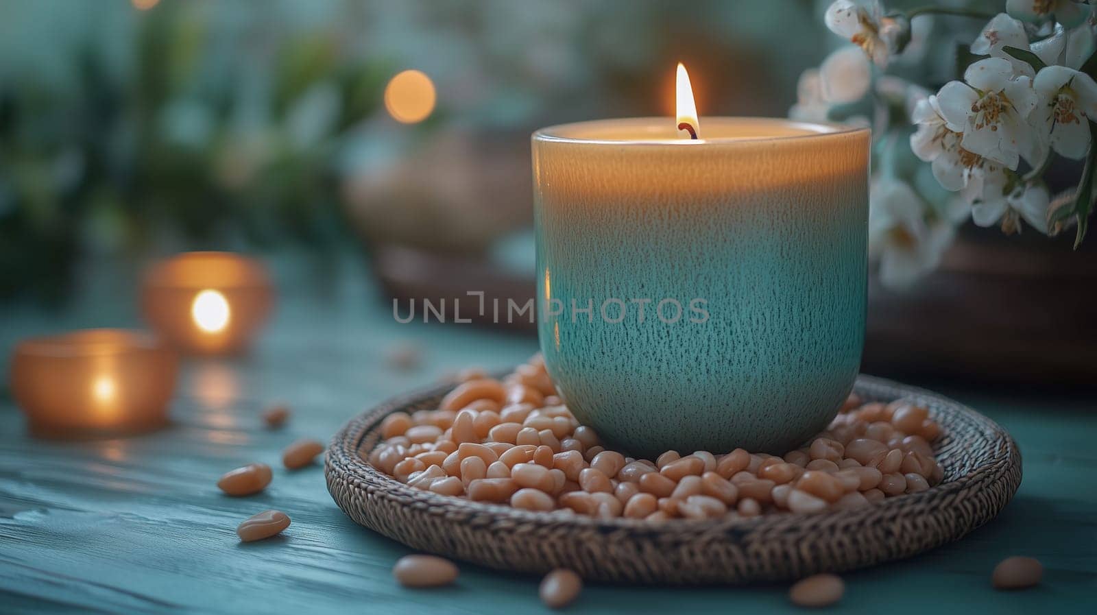 A glowing candle in a turquoise ceramic holder surrounded by beans and soft floral accents, symbolizing Ramadan evenings and reflection
