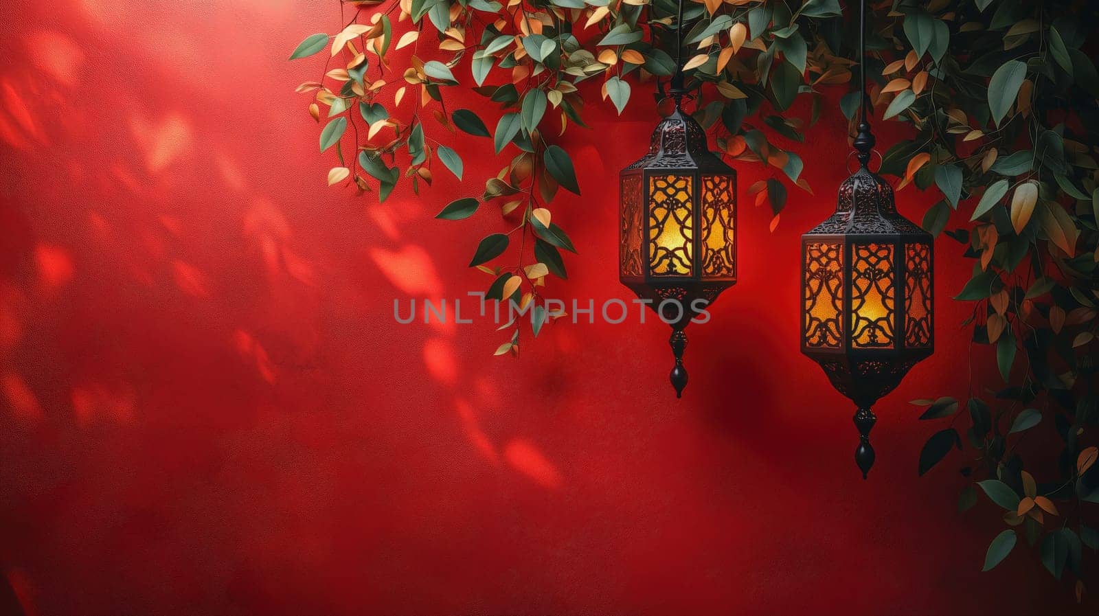 Two ornate Ramadan lanterns illuminated with warm light, hanging against a vibrant red background adorned with green leaves, symbolizing the festive spirit of Ramadan evenings