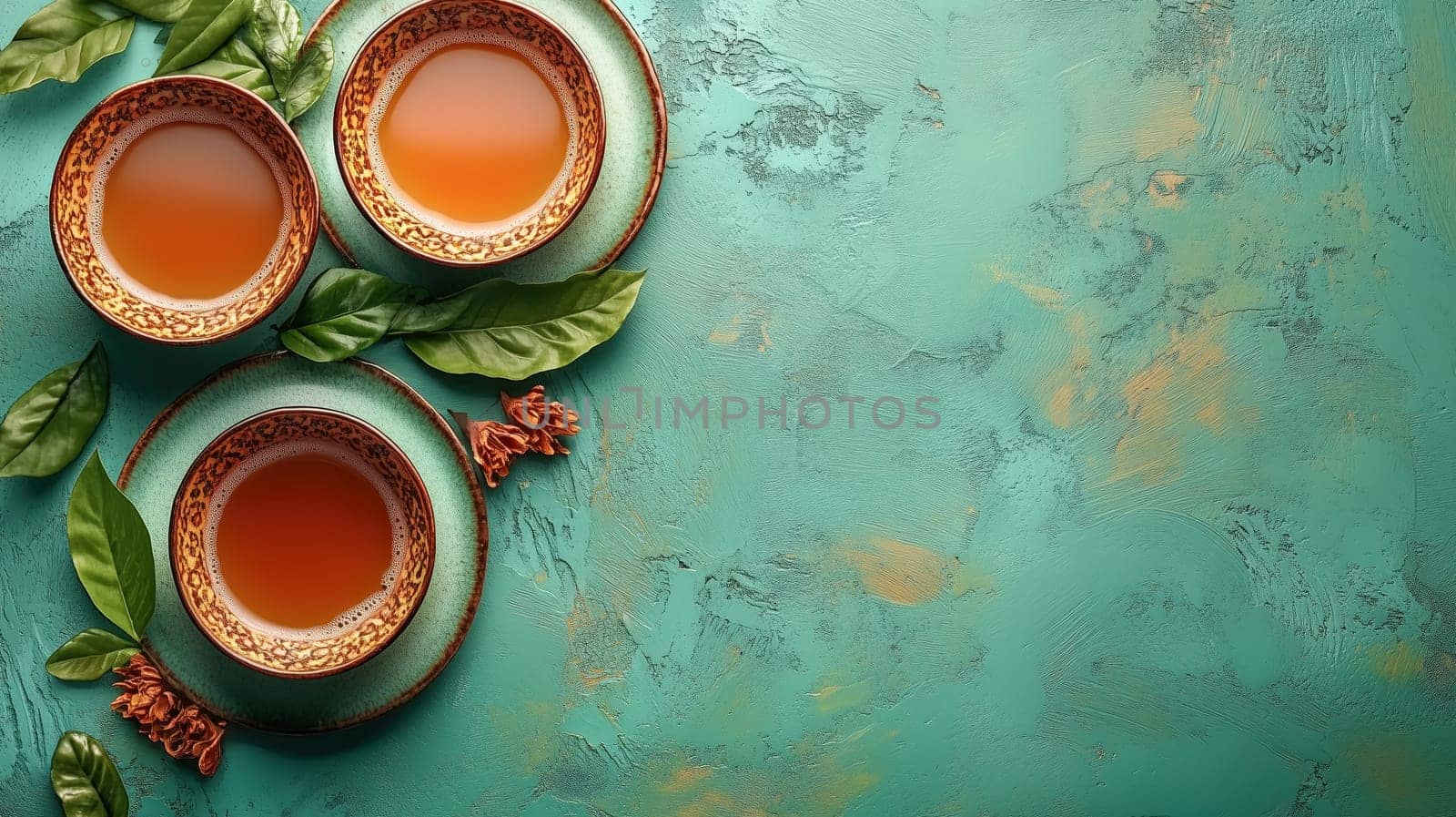 A vibrant arrangement of three ornate tea cups filled with tea, accented with green leaves and florals on a textured turquoise backdrop, embodying Ramadan traditions