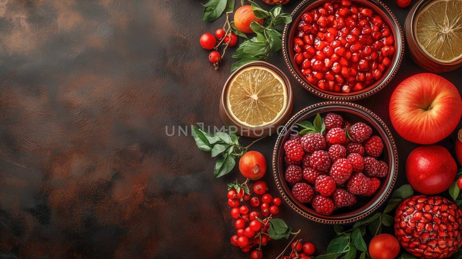 A rich assortment of fruits, including pomegranate, berries, and citrus slices, artfully arranged on a rustic surface, evoking the abundance and gratitude of Ramadan feasts