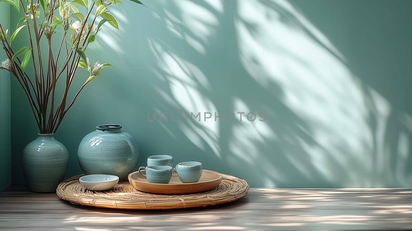 A serene setup of a ceramic tea set arranged on a bamboo tray with natural light and shadows. Perfect for Ramadan reflection and moments of peace. Ramadan concept