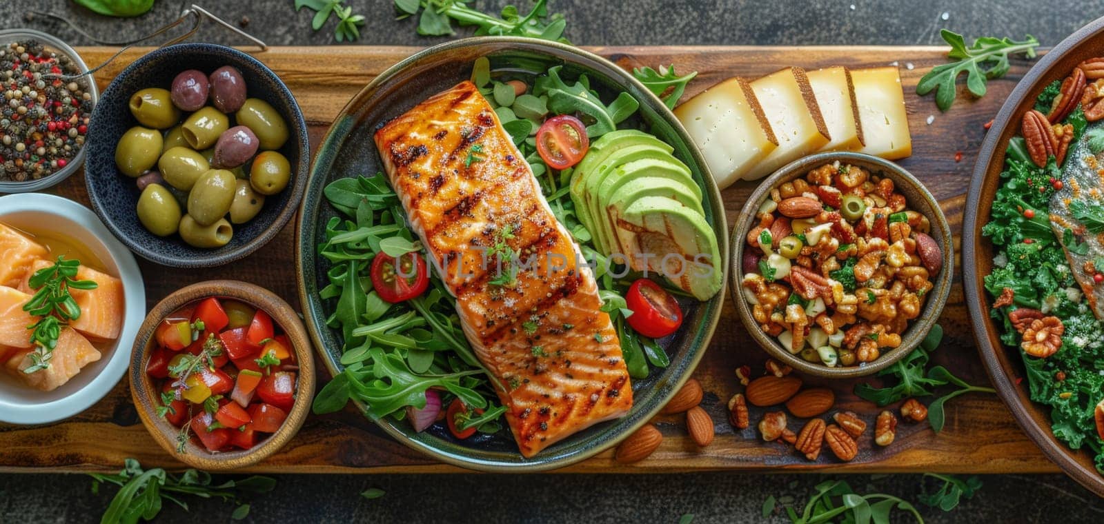 A variety of fresh vegetables, including tomatoes, cucumbers, carrots, and greens, served in bowls and arranged neatly on a wooden table