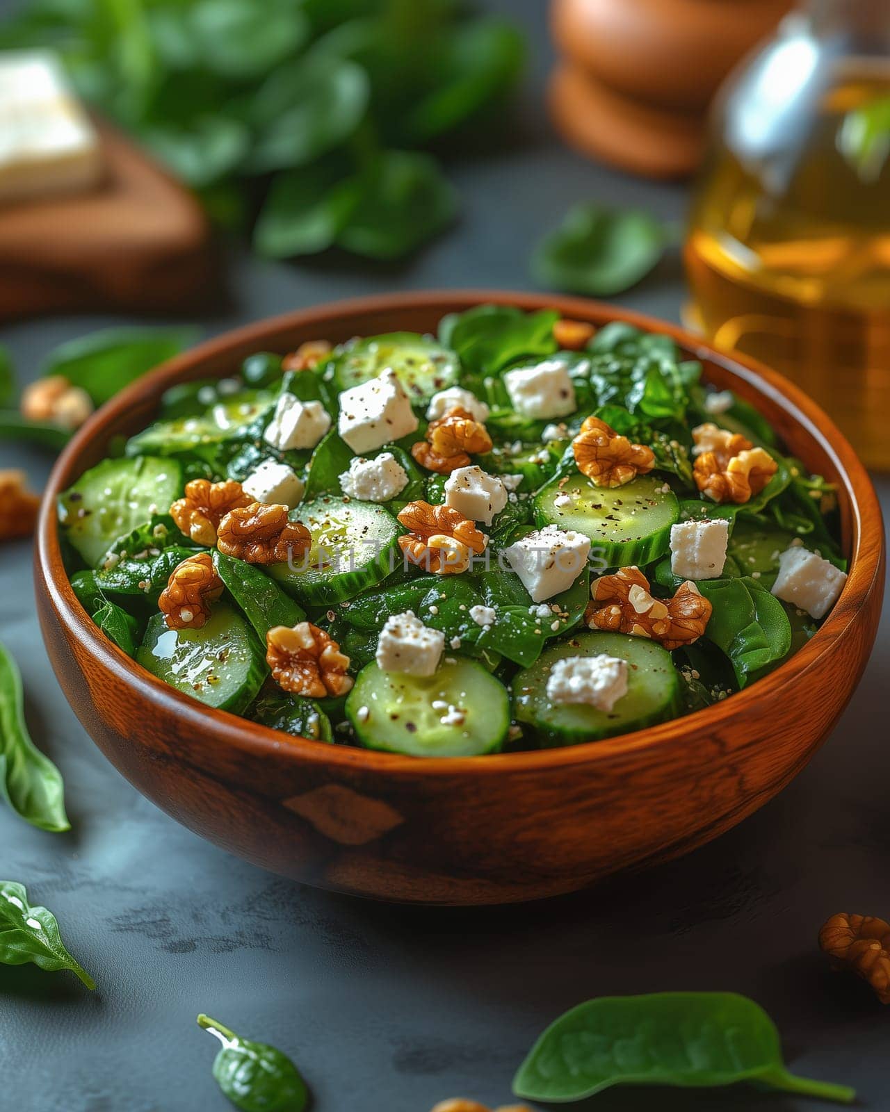 A close-up of a keto-friendly salad featuring fresh spinach, sliced cucumbers, walnuts, and feta cheese served in a wooden bowl with olive oil in the background
