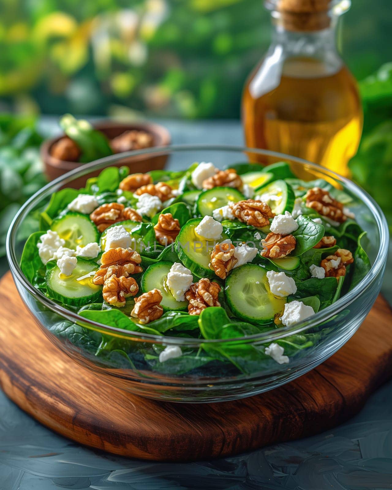 A healthy keto-friendly salad made with fresh spinach, cucumber slices, walnuts, and crumbled feta cheese, served in a glass bowl with olive oil on the side