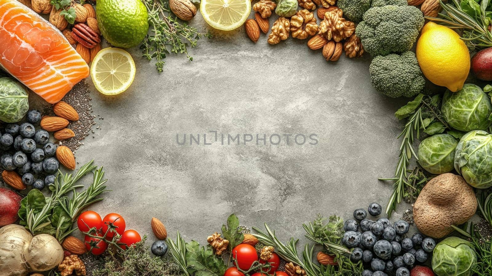 Assortment of keto-friendly ingredients such as salmon, nuts, broccoli, lemons, and blueberries forming a decorative frame around a blank center space on a gray stone surface