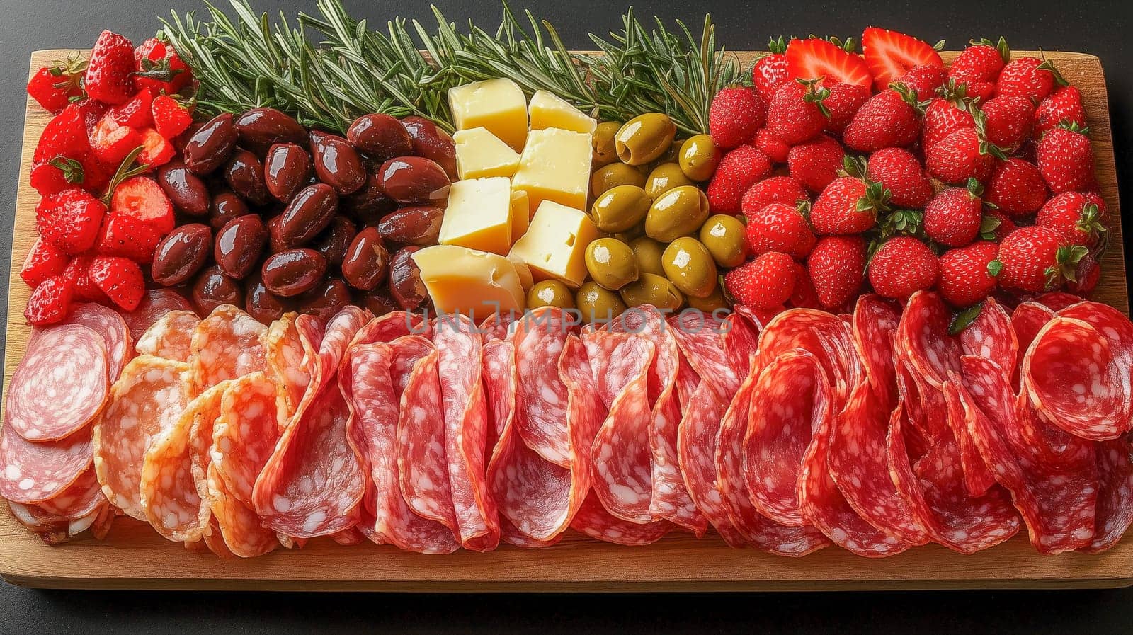 A vibrant keto antipasto platter with assorted cured meats, olives, diced cheese, and fresh strawberries, arranged on a wooden board with rosemary sprigs for decoration