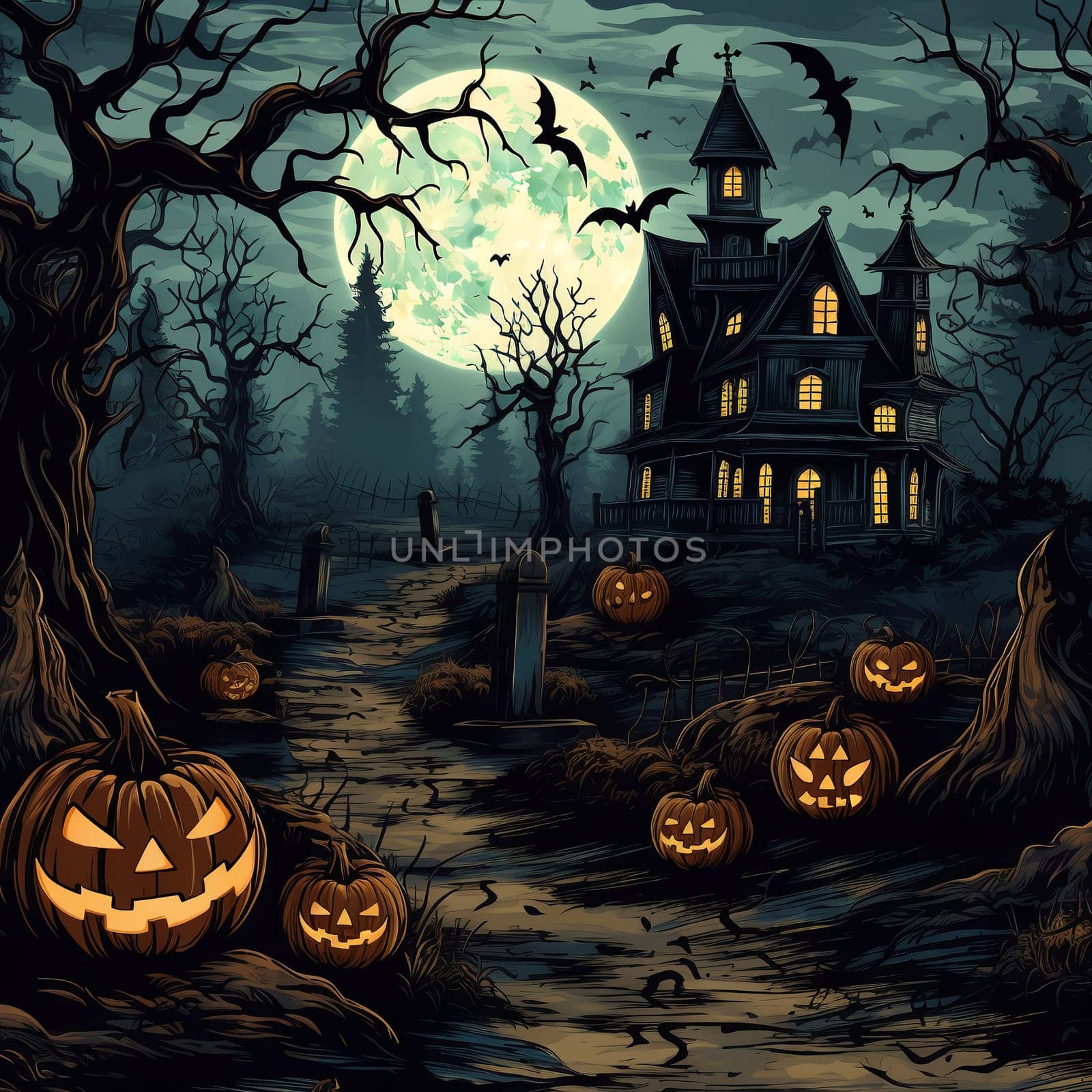 Illustrations of a Spooky House for Halloween. Colorful illustration of an old creepy haunted house. Fairytale and fantasy design. AI Generated.