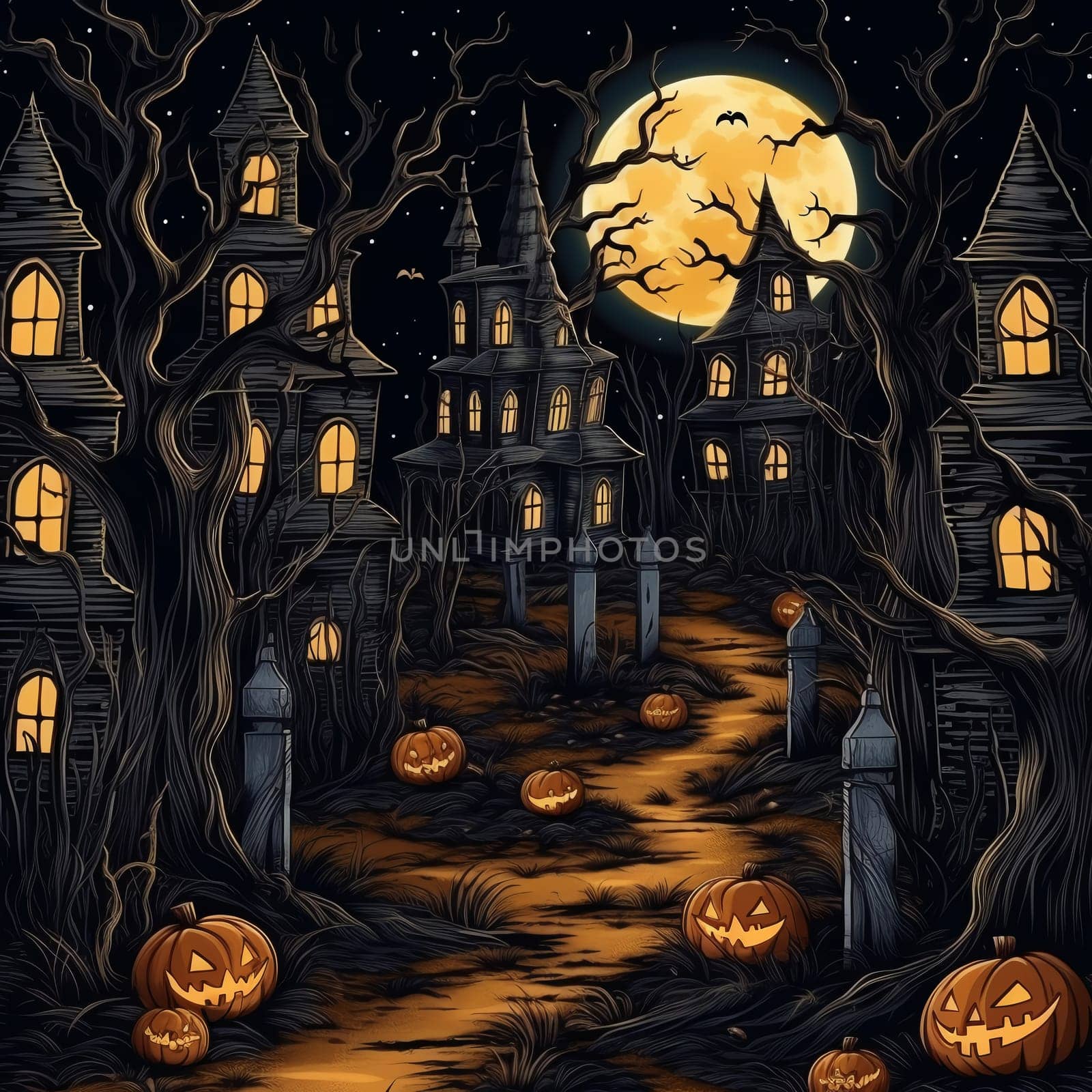 Illustrations of a Spooky House for Halloween. Colorful illustration of an old creepy haunted house. Fairytale and fantasy design. AI Generated.