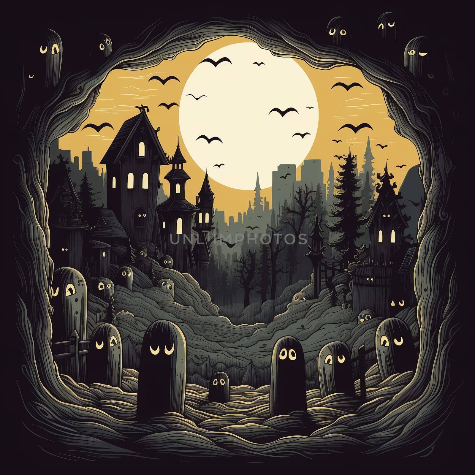 Illustrations of a Spooky House for Halloween. Colorful illustration of an old creepy haunted house. Fairytale and fantasy design. AI Generated.