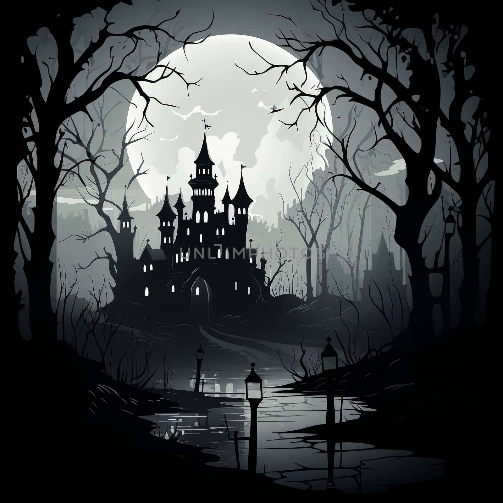 Illustrations of a Spooky House for Halloween. Colorful illustration of an old creepy haunted house. Fairytale and fantasy design. AI Generated.