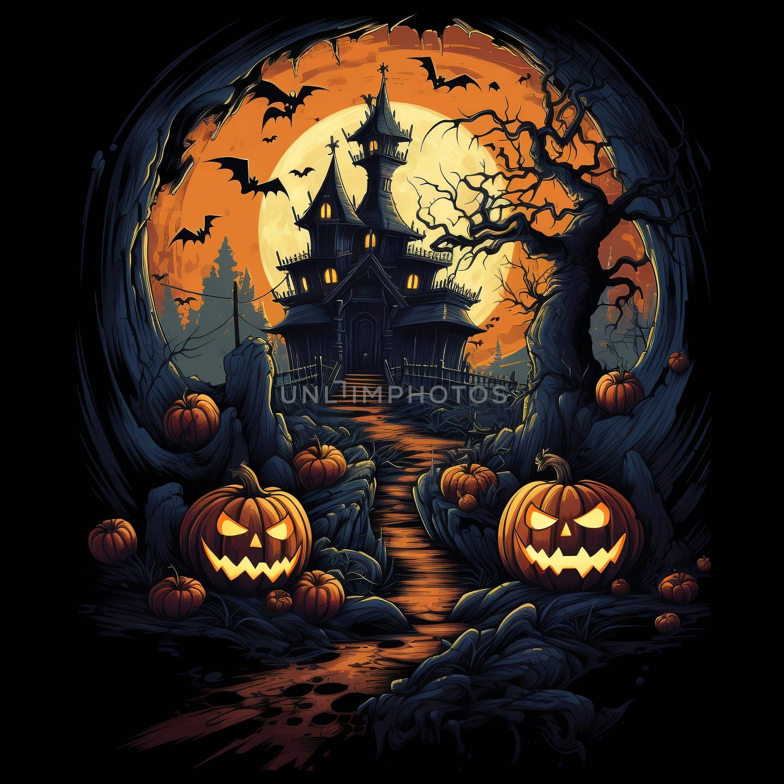 Illustrations of a Spooky House for Halloween. Colorful illustration of an old creepy haunted house. Fairytale and fantasy design. AI Generated.