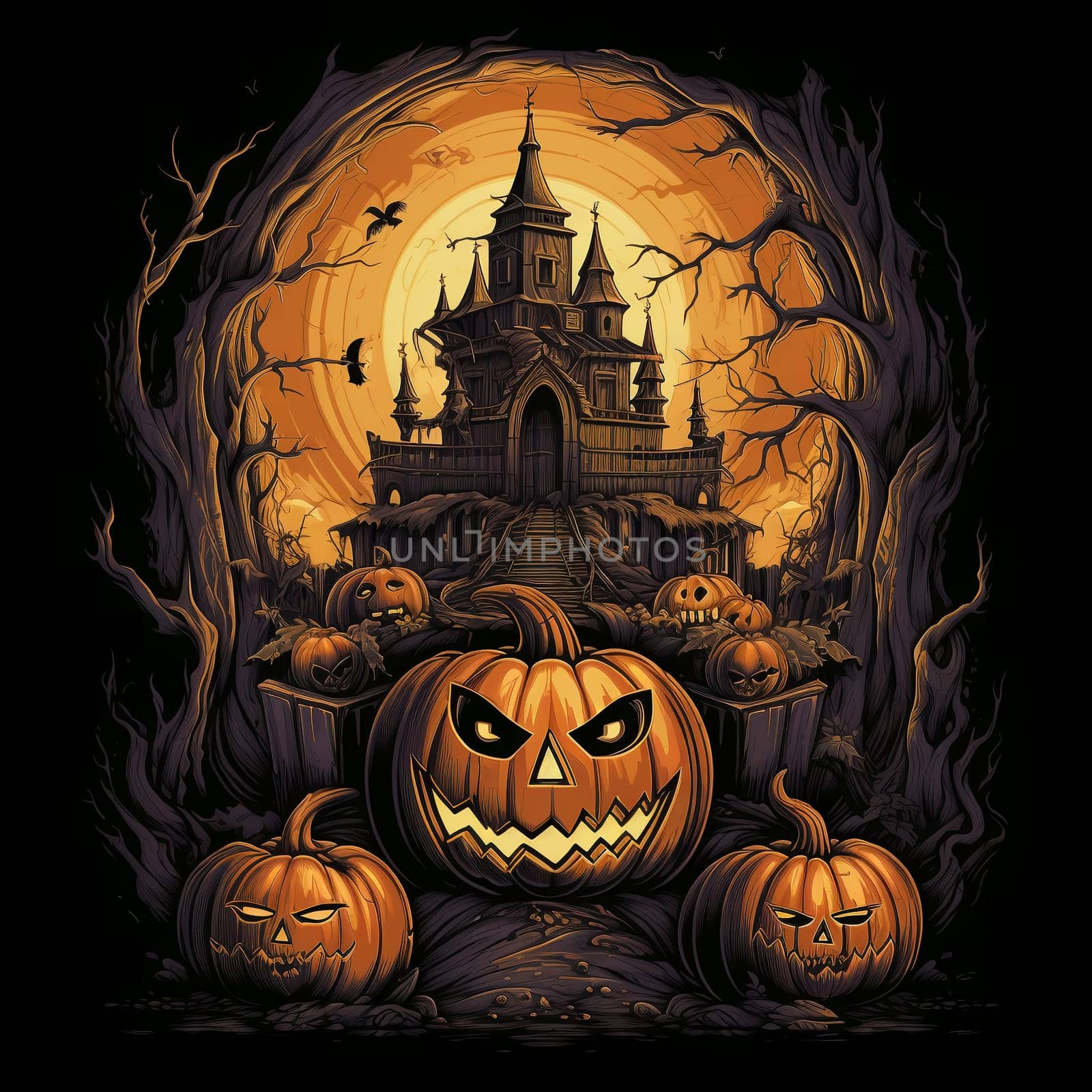 Illustrations of a Spooky House for Halloween. Colorful illustration of an old creepy haunted house. Fairytale and fantasy design. AI Generated.