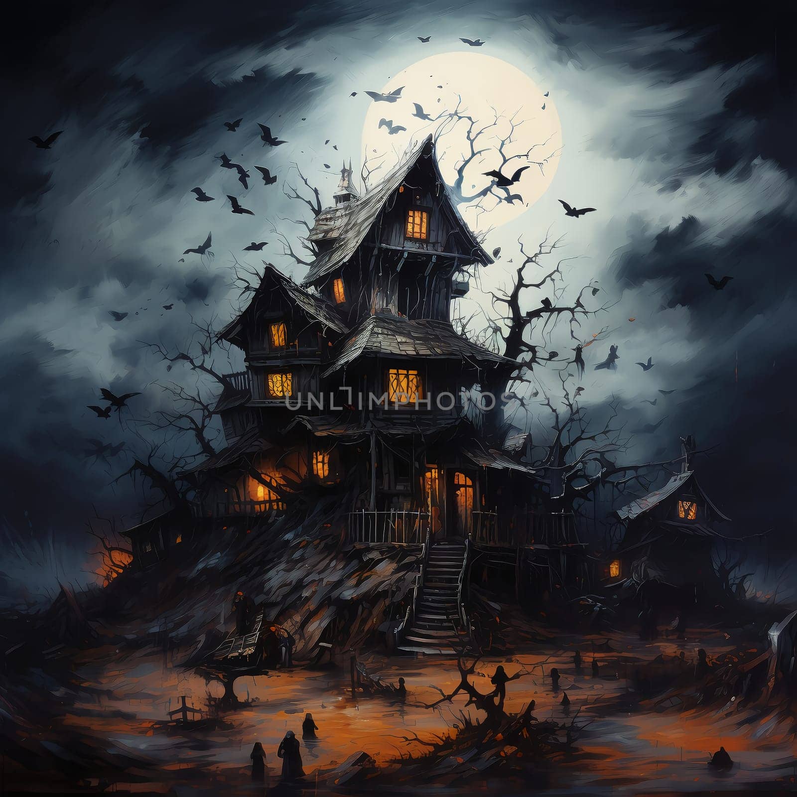 Illustrations of a Spooky House for Halloween. Colorful illustration of an old creepy haunted house. Fairytale and fantasy design. AI Generated.