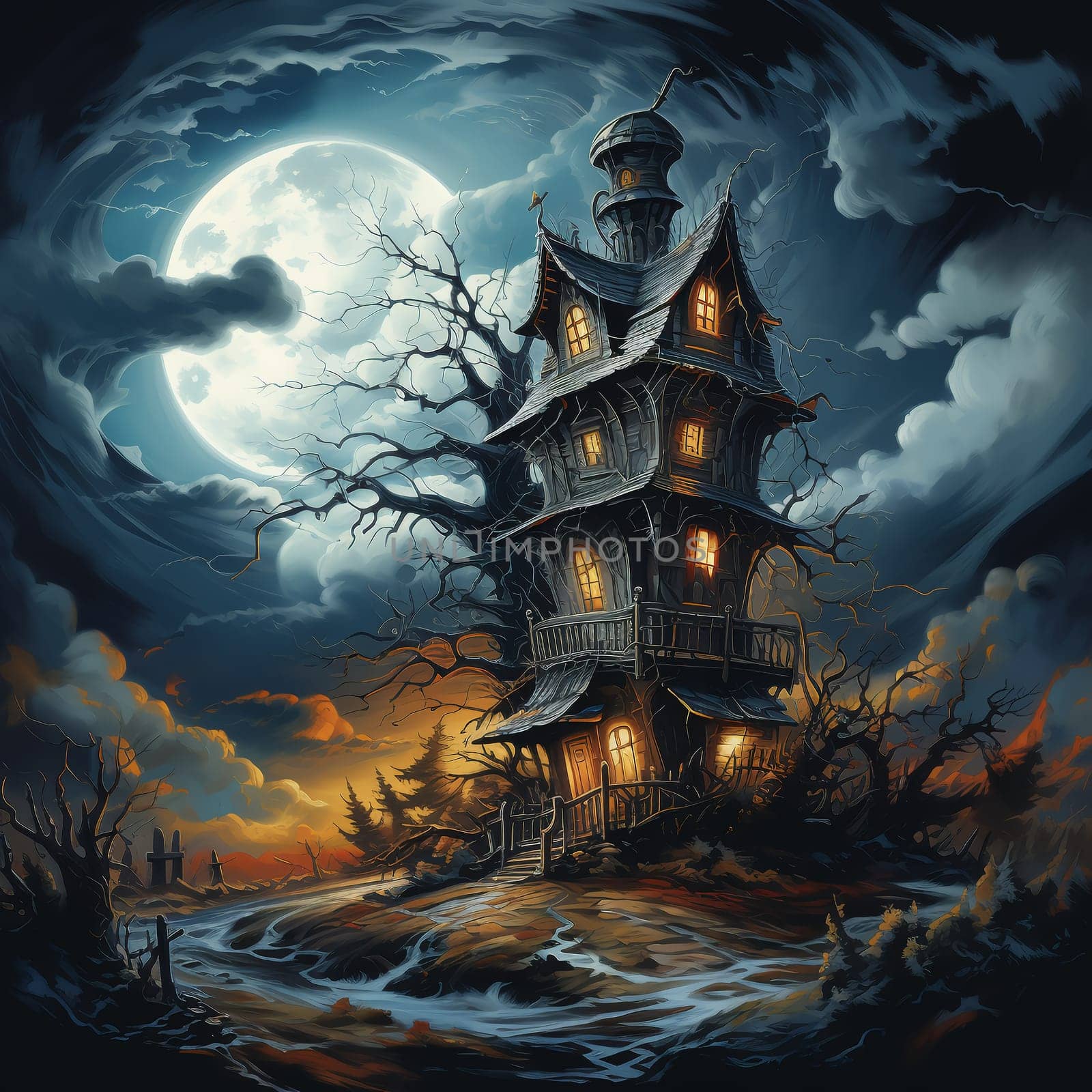 Illustrations of a Spooky House for Halloween. Colorful illustration of an old creepy haunted house. Fairytale and fantasy design. AI Generated.