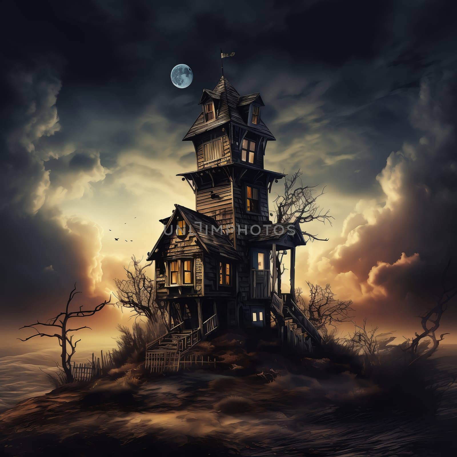 Illustrations of a Spooky House for Halloween. Colorful illustration of an old creepy haunted house. Fairytale and fantasy design. AI Generated.