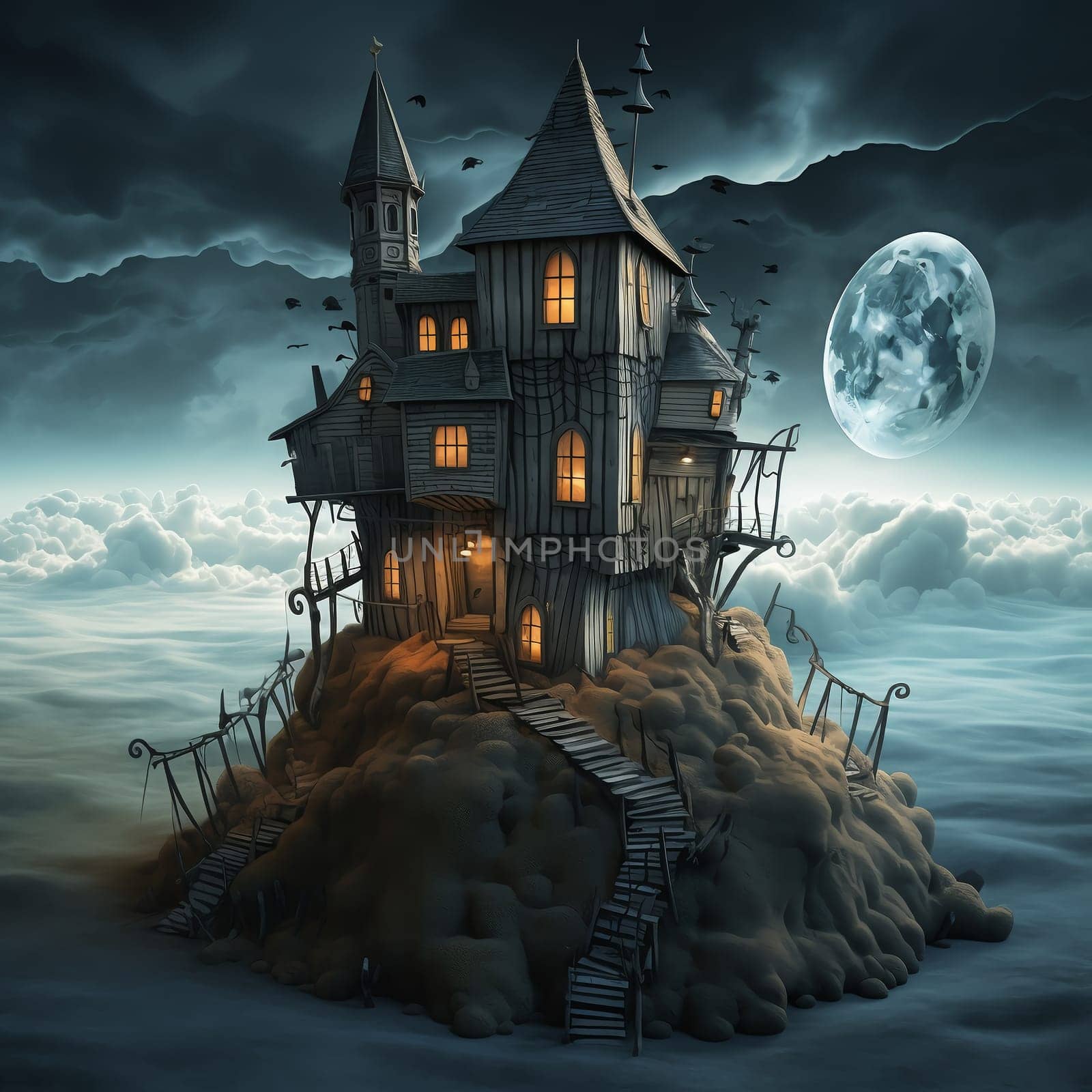 Illustrations of a Spooky House for Halloween. Colorful illustration of an old creepy haunted house. Fairytale and fantasy design. AI Generated.