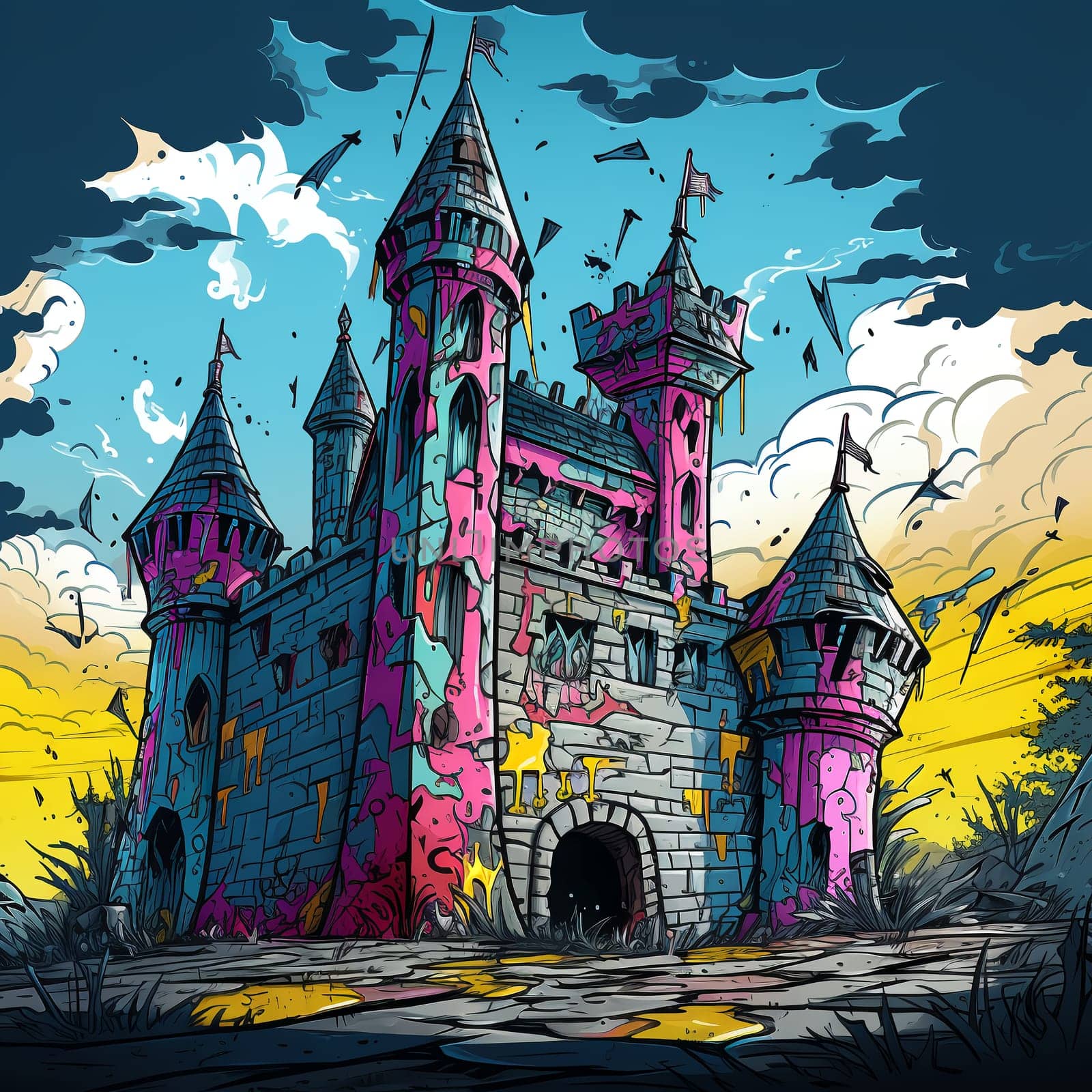 Illustrations of a Spooky House for Halloween. Colorful illustration of an old creepy haunted house. Fairytale and fantasy design. AI Generated.