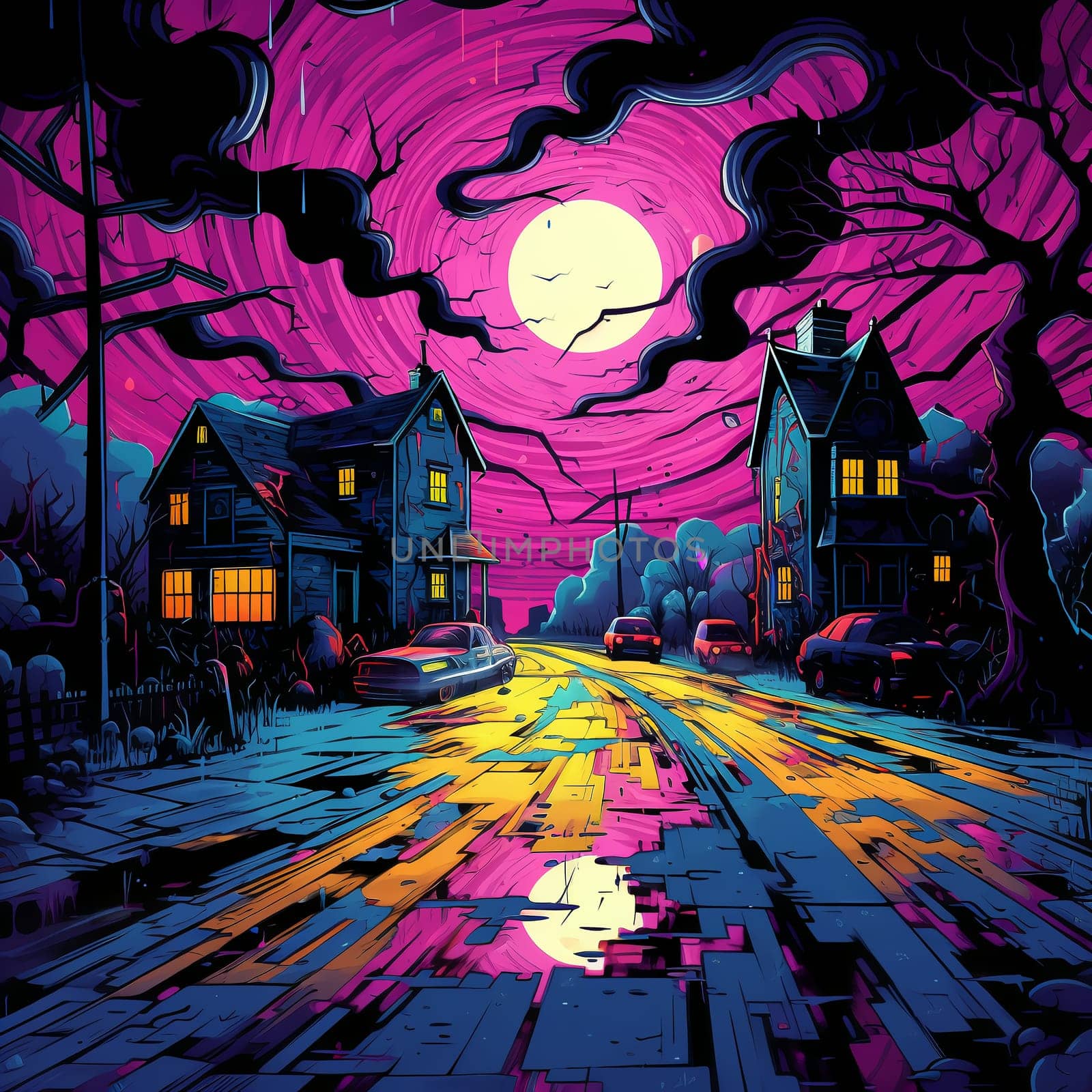 Illustrations of a Spooky House for Halloween. Colorful illustration of an old creepy haunted house. Fairytale and fantasy design. AI Generated.