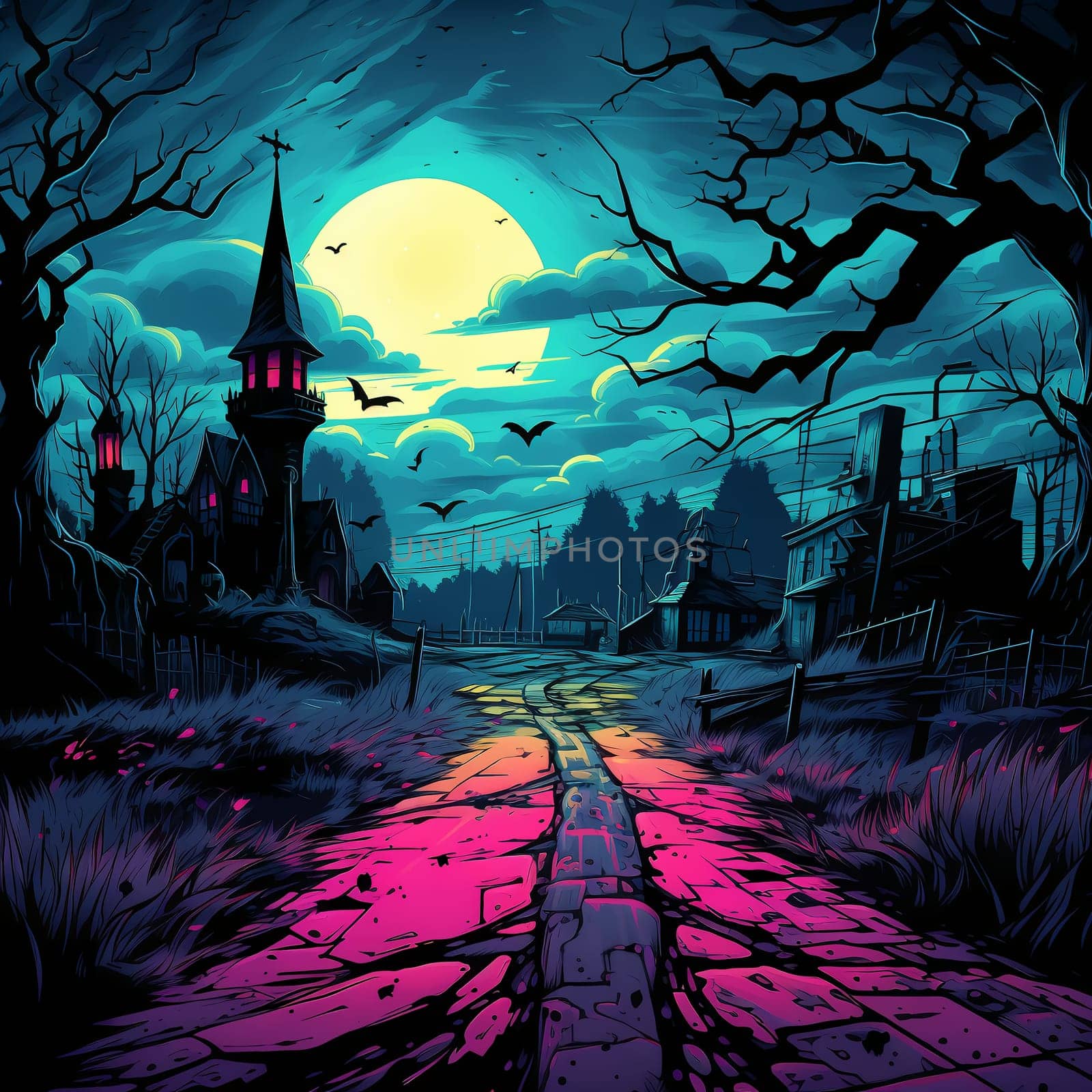 Illustrations of a Spooky House for Halloween. Colorful illustration of an old creepy haunted house. Fairytale and fantasy design. AI Generated.