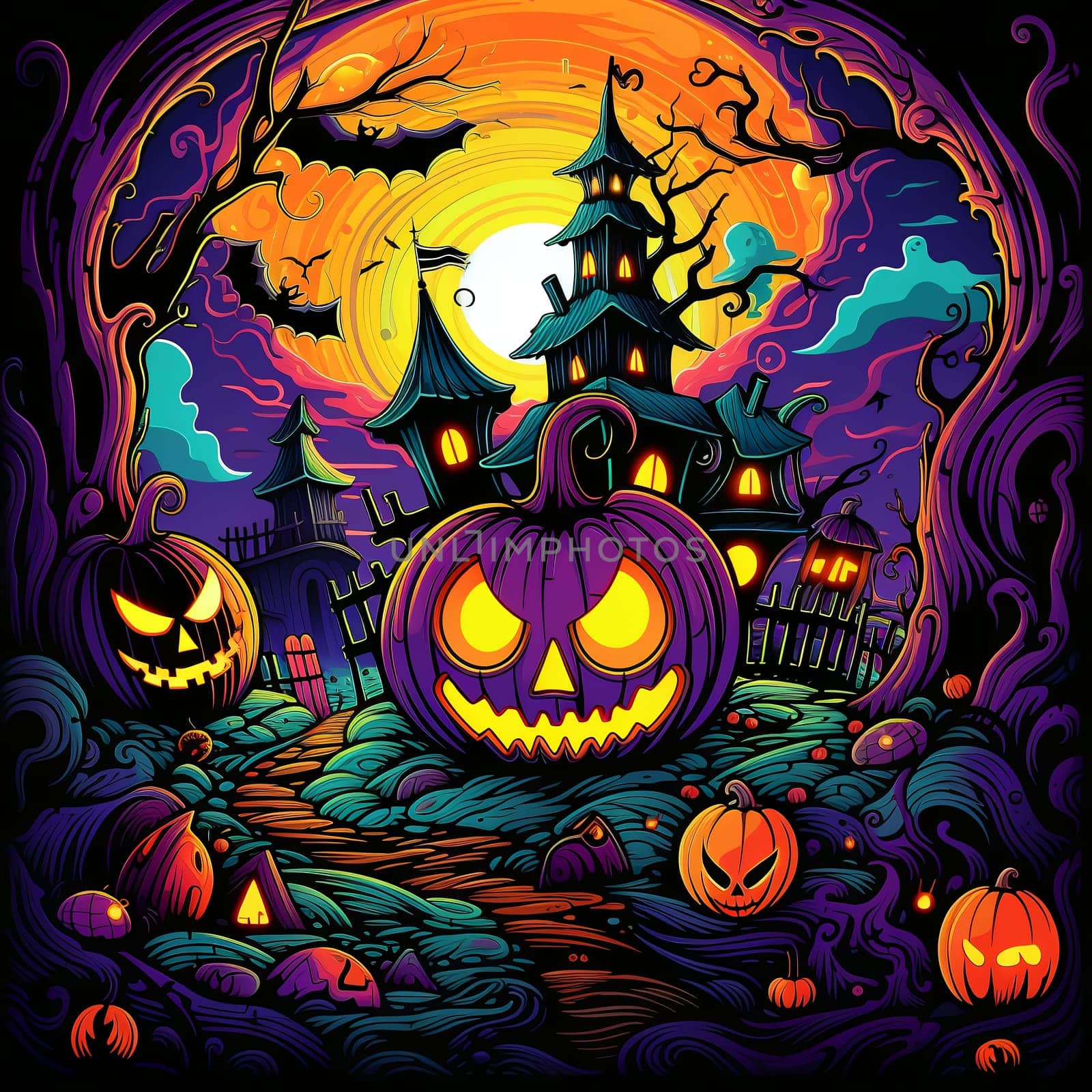 Illustrations of a Spooky House for Halloween. Colorful illustration of an old creepy haunted house. Fairytale and fantasy design. AI Generated.