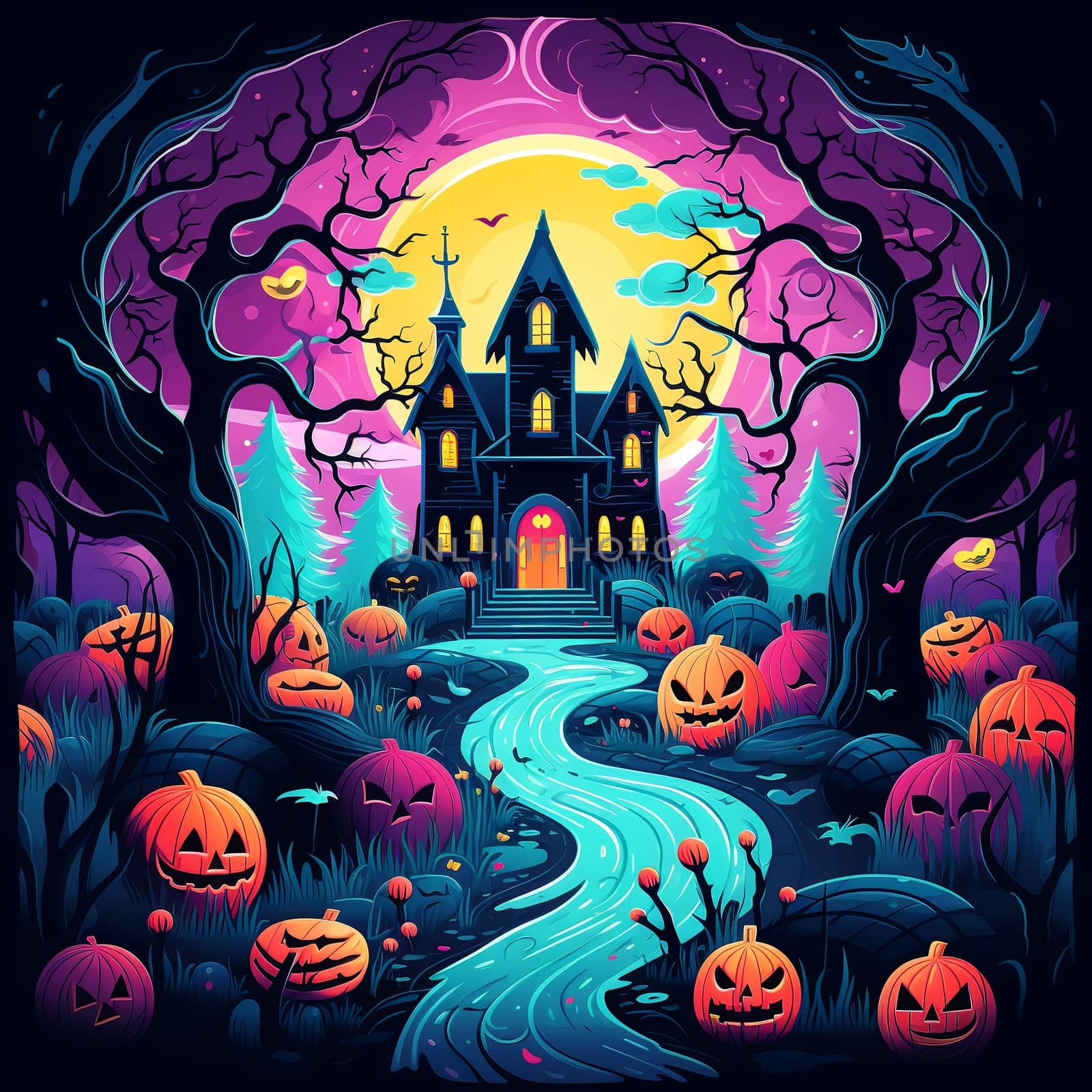 Illustrations of a Spooky House for Halloween. Colorful illustration of an old creepy haunted house. Fairytale and fantasy design. AI Generated.