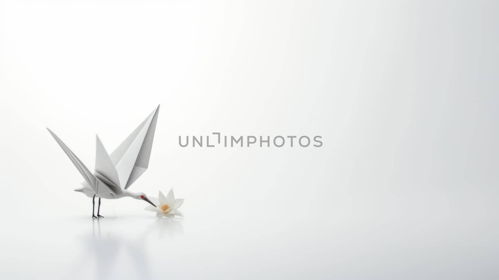 An origami bird with a flower on a white background. The bird is white and stands on two legs. The flower is yellow and in its beak. The background is white and fades to gray. A graceful and artistic image for origami, bird, or flower themes. by DogDrawHand