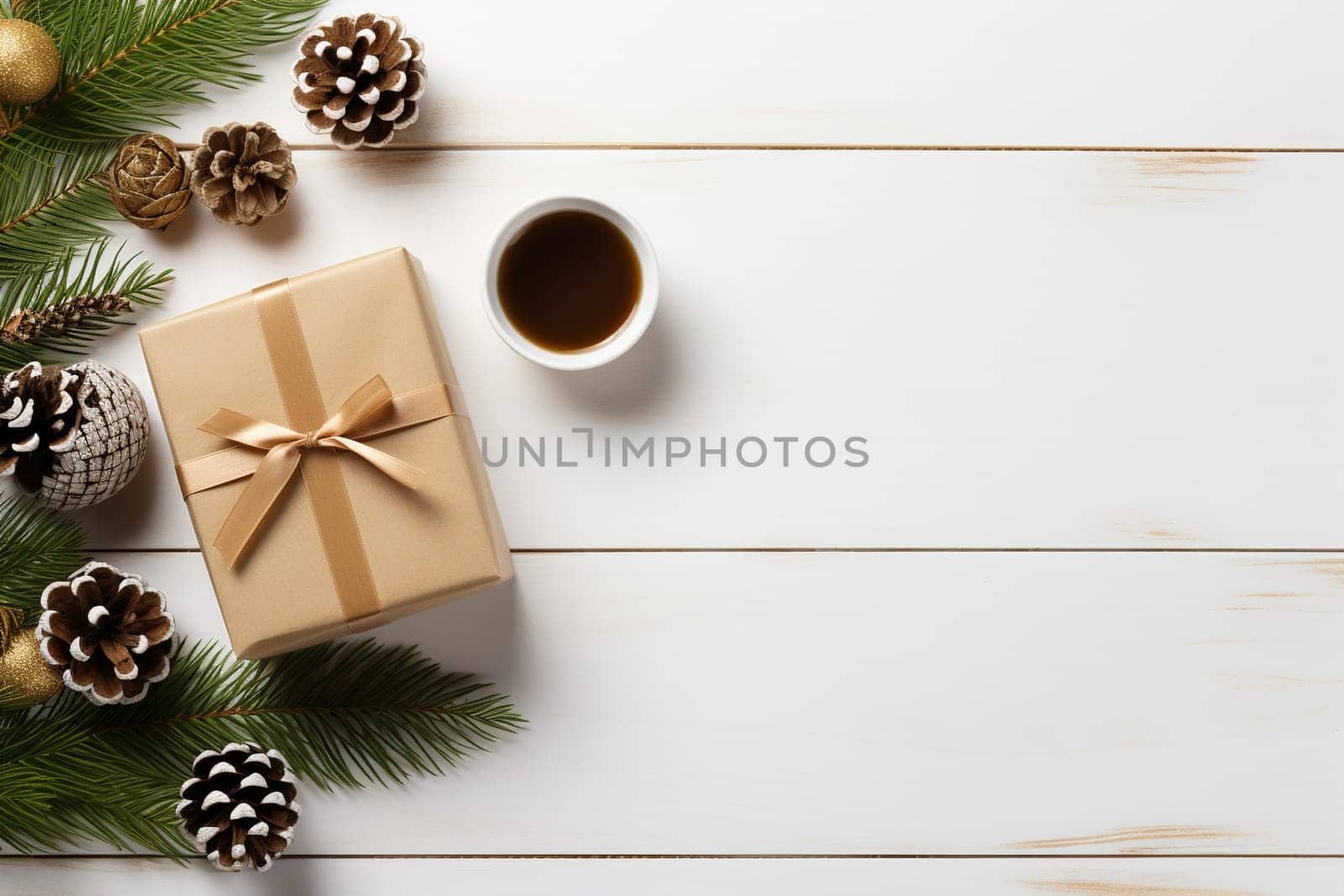 Gift box in craft paper with bow and fir branch on the table. Holiday greeting card. Generated by artificial intelligence