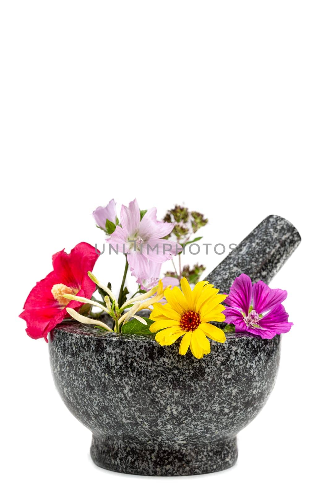 mortar with , flowers of chamomile, clover, oregano, mignonette, elecampane isolated on white background