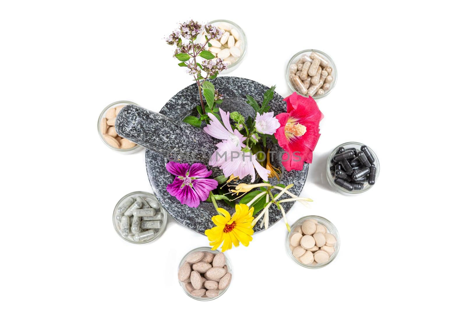 Capsules on green leaf of sage, brown jar, wooden mortar with a sprig of mint, flowers of chamomile, clover, oregano, mignonette, elecampane isolated on white background