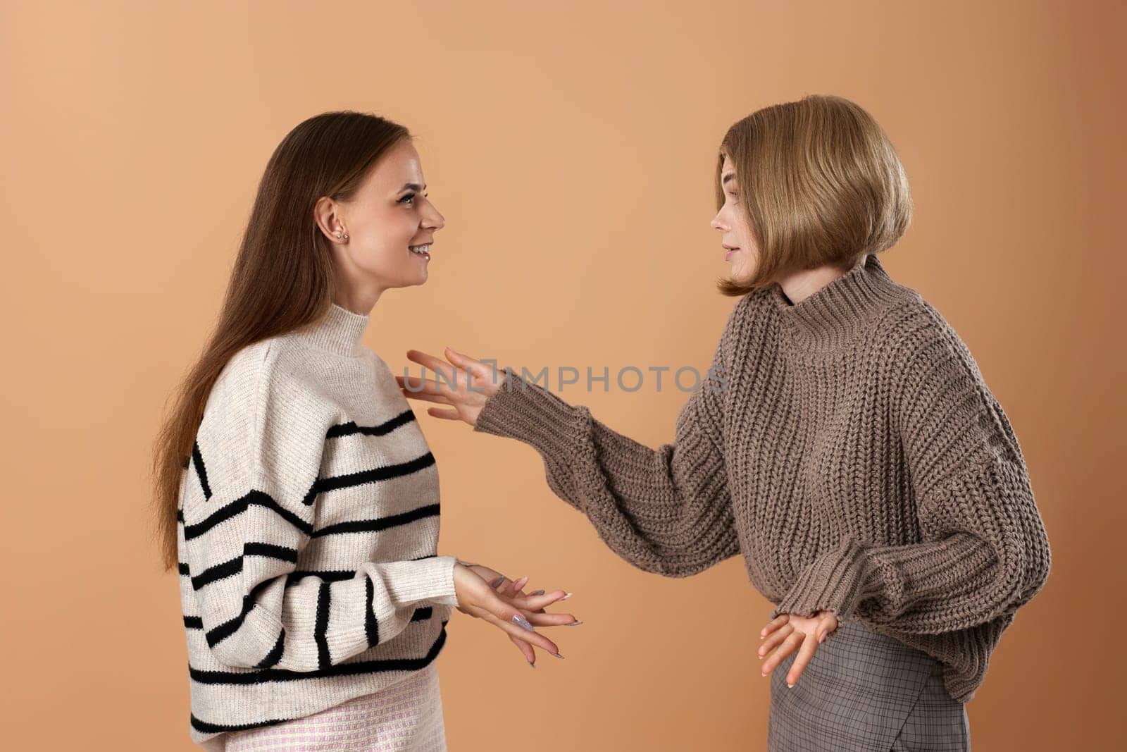 Two cheerful attractive women friends talking together by erstudio