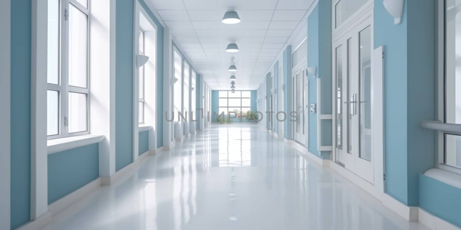 Hospital corridor with windows and blue walls, in the style of bokeh, light gray, bauhaus, light white, skillful. Generative AI image weber.