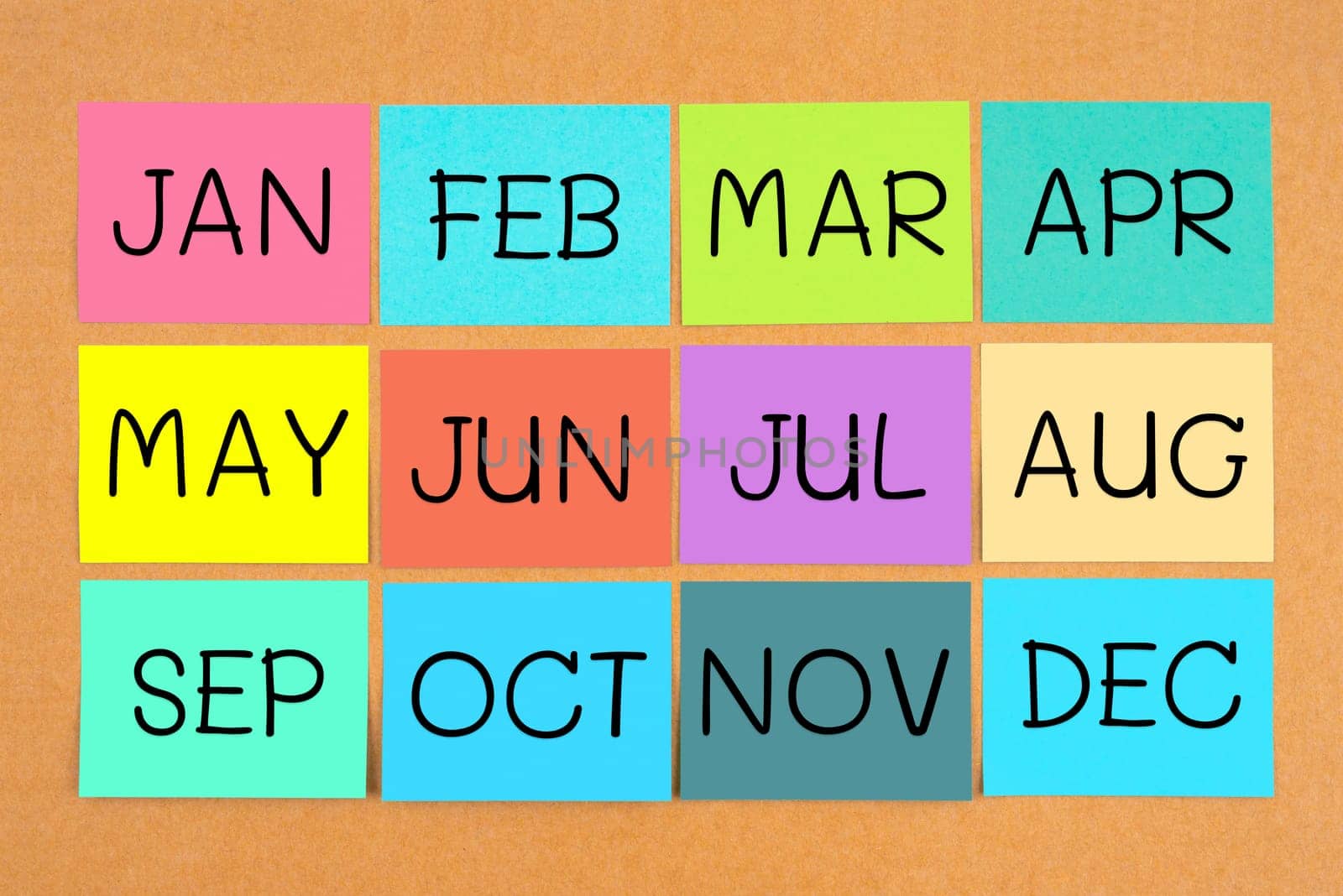 12 months acronyms on sticky notes calendar. On wooden board.
