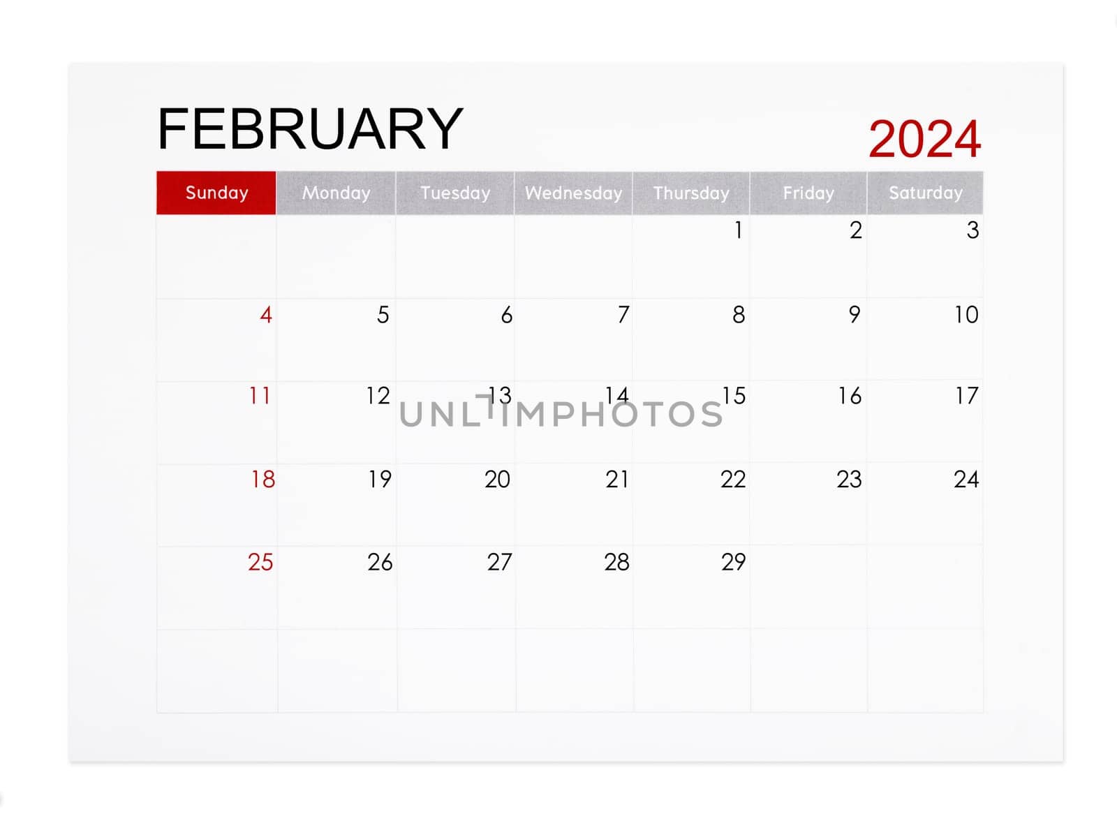 The February 2024 monthly calendar page isolated on white background, Saved clipping path. by Gamjai
