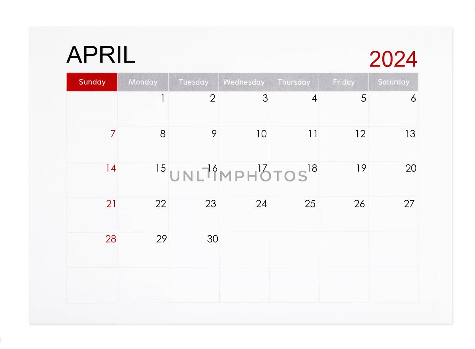 April 2024 monthly calendar page isolated on white background, Saved clipping path.