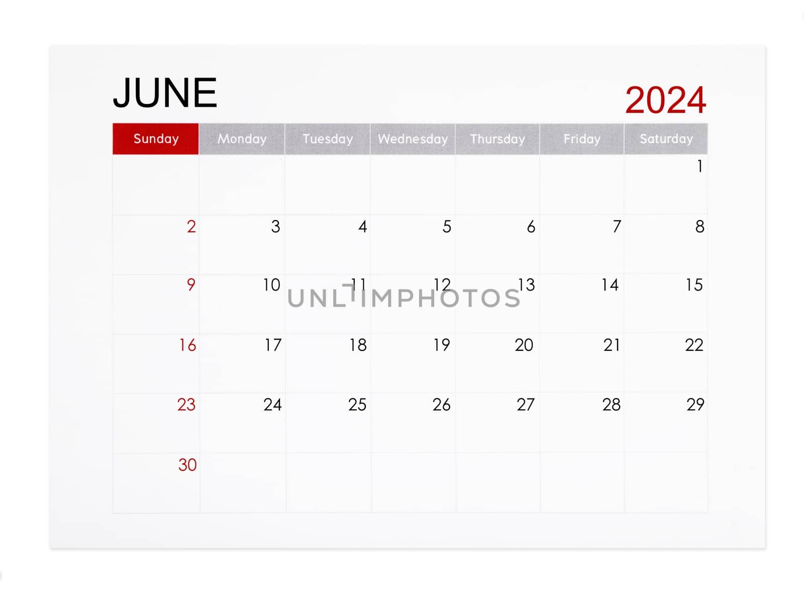 The June 2024 monthly calendar page isolated on white background, Saved clipping path. by Gamjai