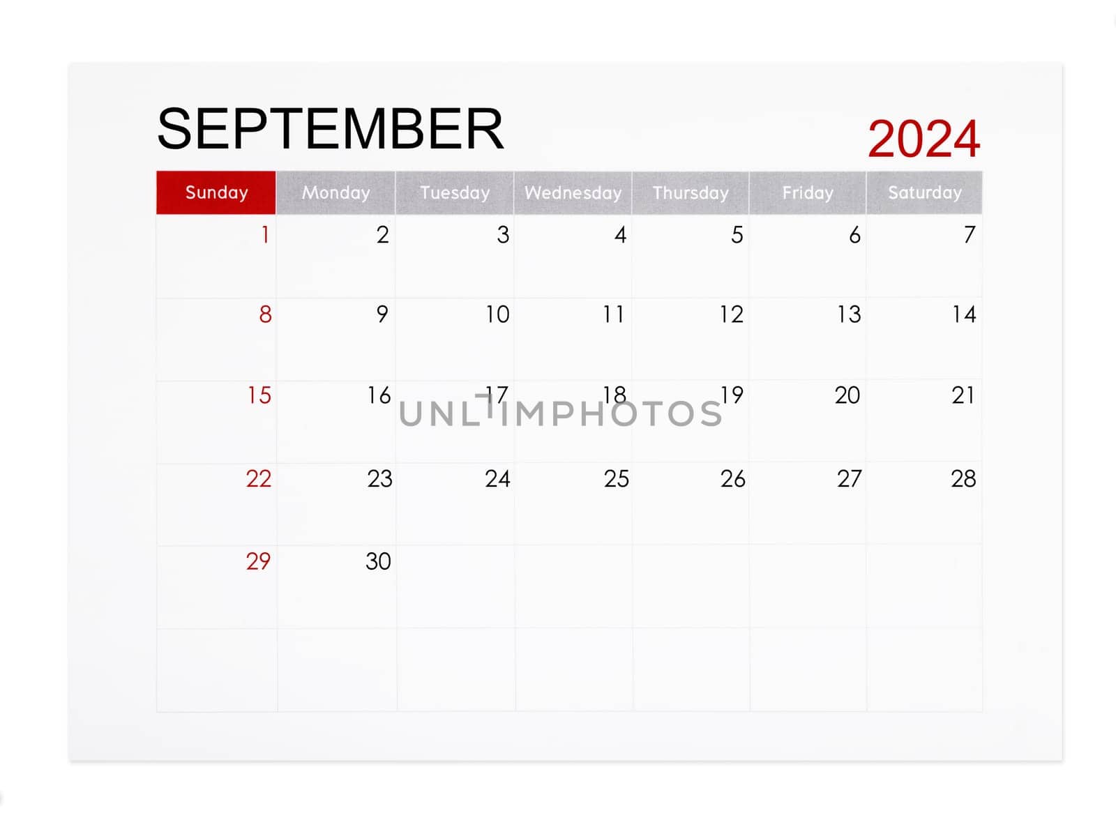 The September 2024 monthly calendar page isolated on white background, Saved clipping path. by Gamjai