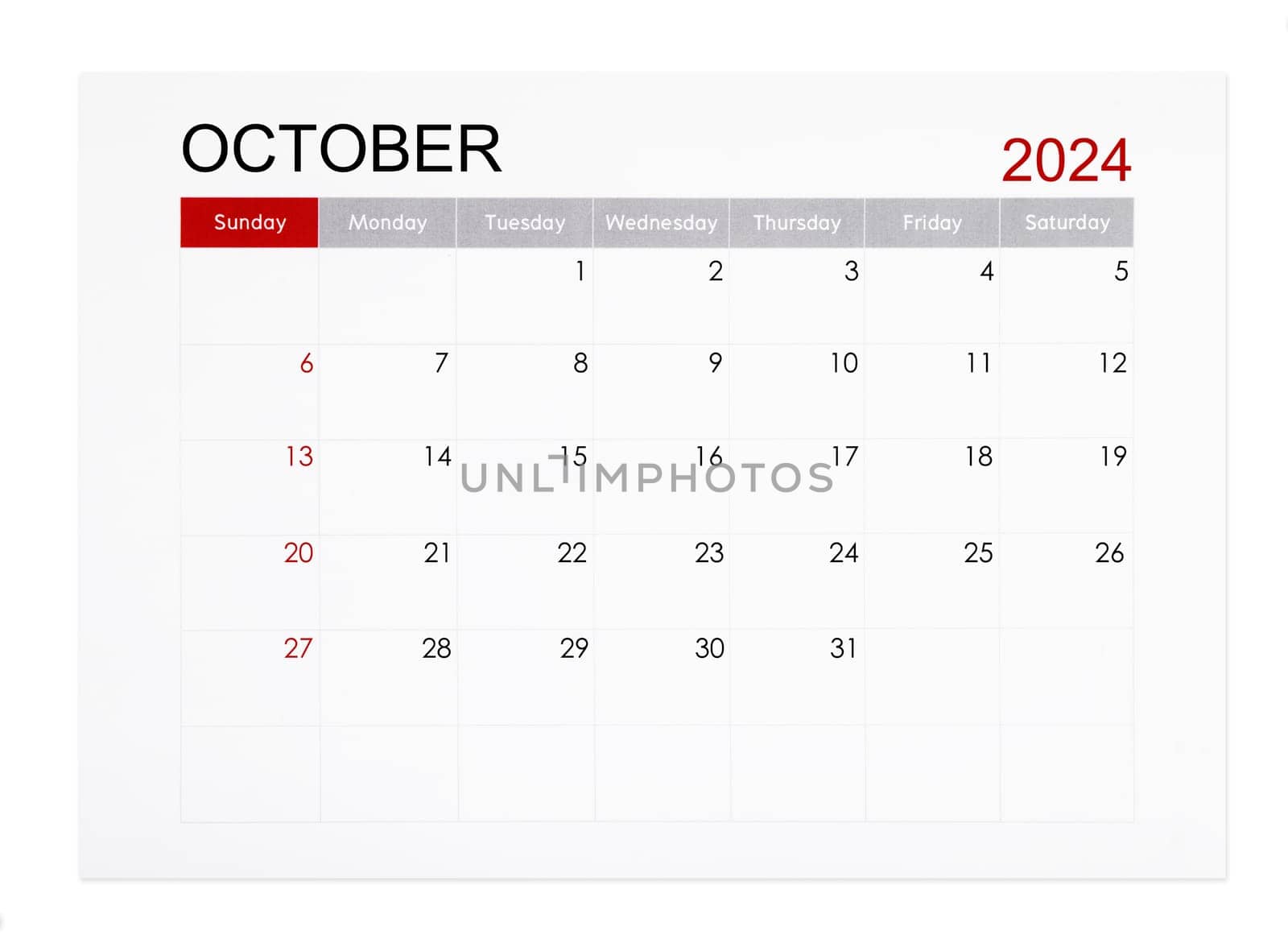 October 2024 monthly calendar page isolated on white background, Saved clipping path.