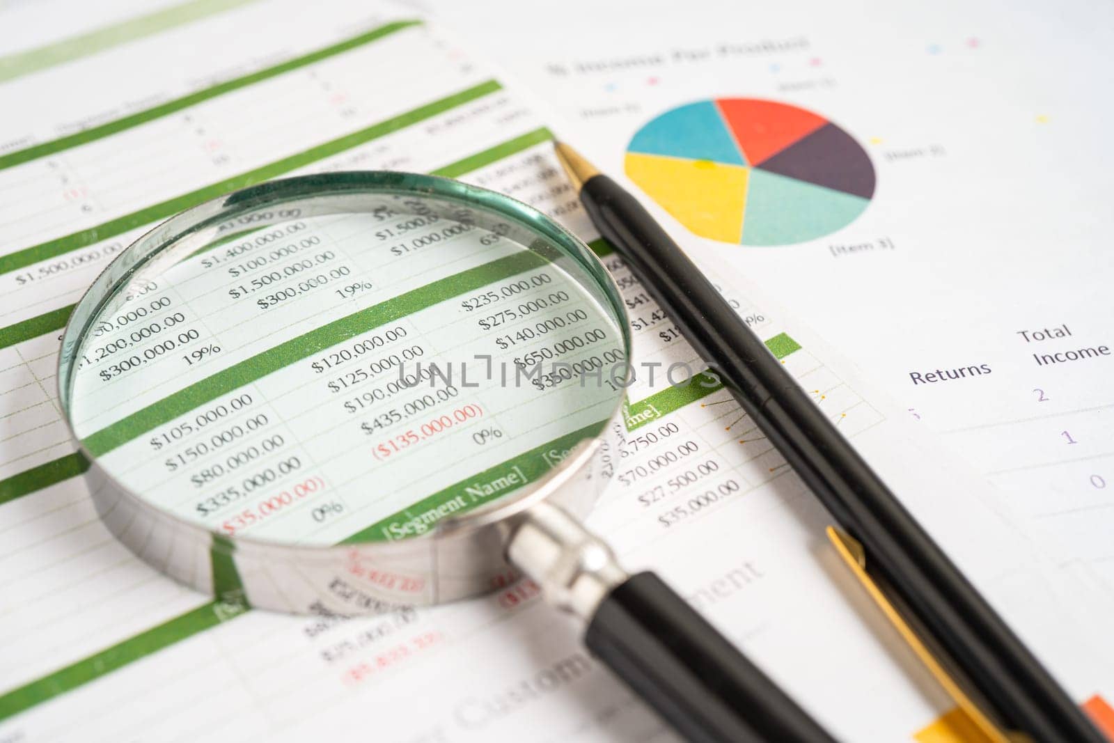 Magnifying glass on graph paper. Financial development, Banking Account, Statistics, Investment Analytic research data economy, Business concept.