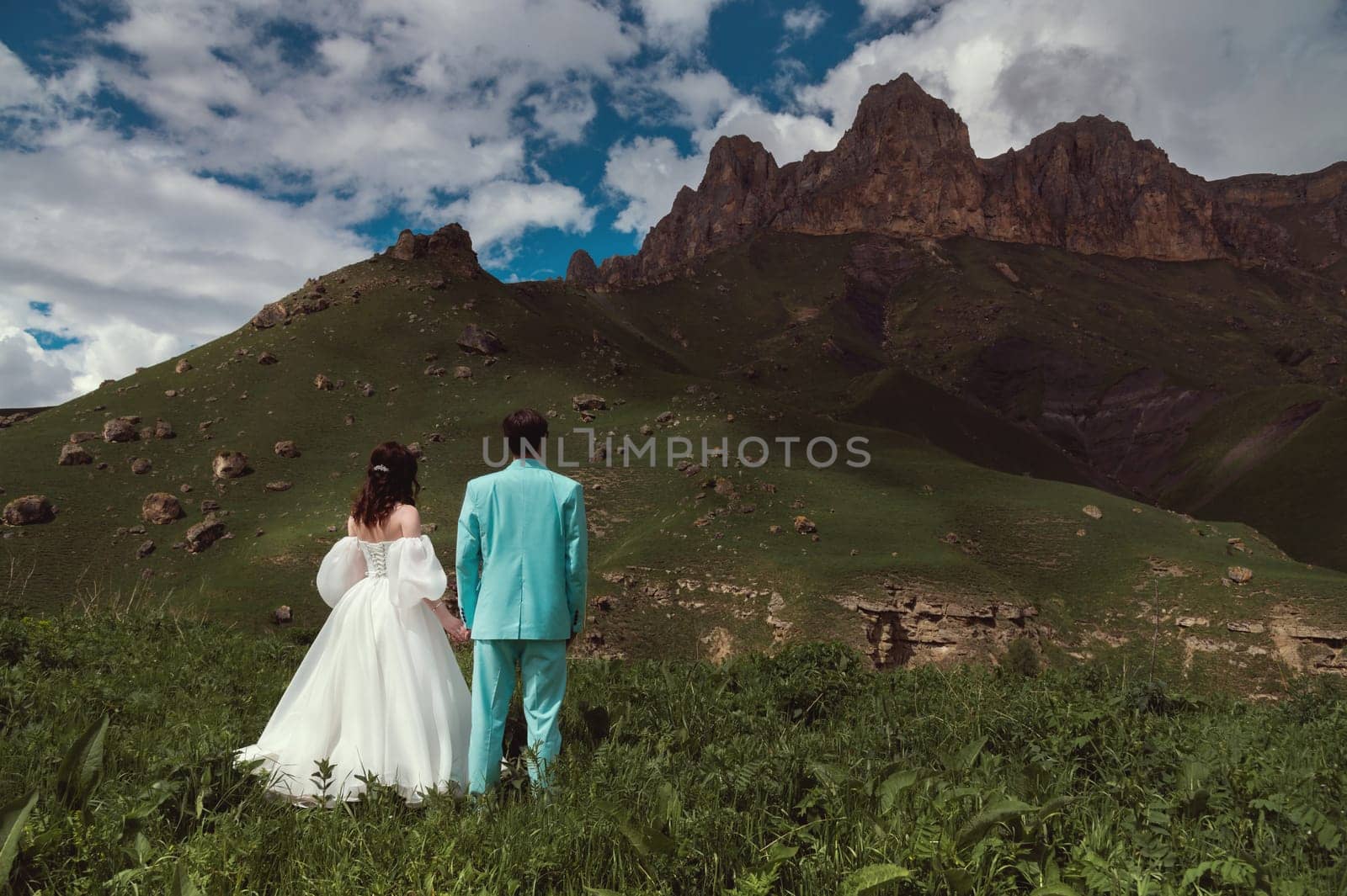 Bride and groom holding hands near a mountain against a cloudy sky in a natural park. A wedding couple walks in the mountains. Rear view, newlyweds looking at the mountains.