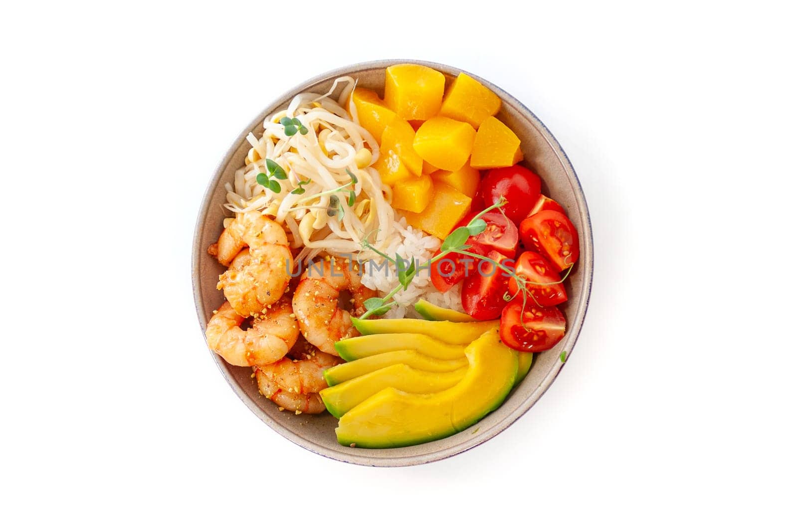 Poke bowl with shrimp isolated on white background. Top view. High quality photo